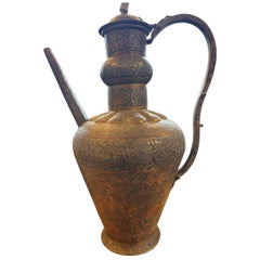 19th Century Syrian Damascus Ewer in Silver-Inlaid Copper