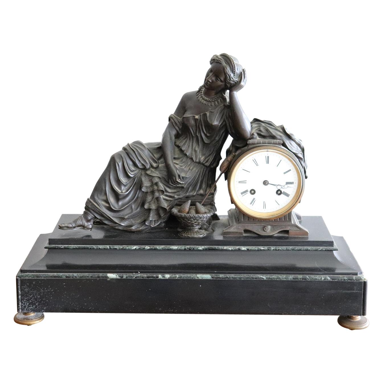 19th Century Table Clock in Black Marble and Bronze