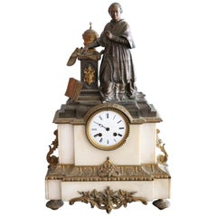 19th Century Table Clock in White Marble and Gilded Bronze