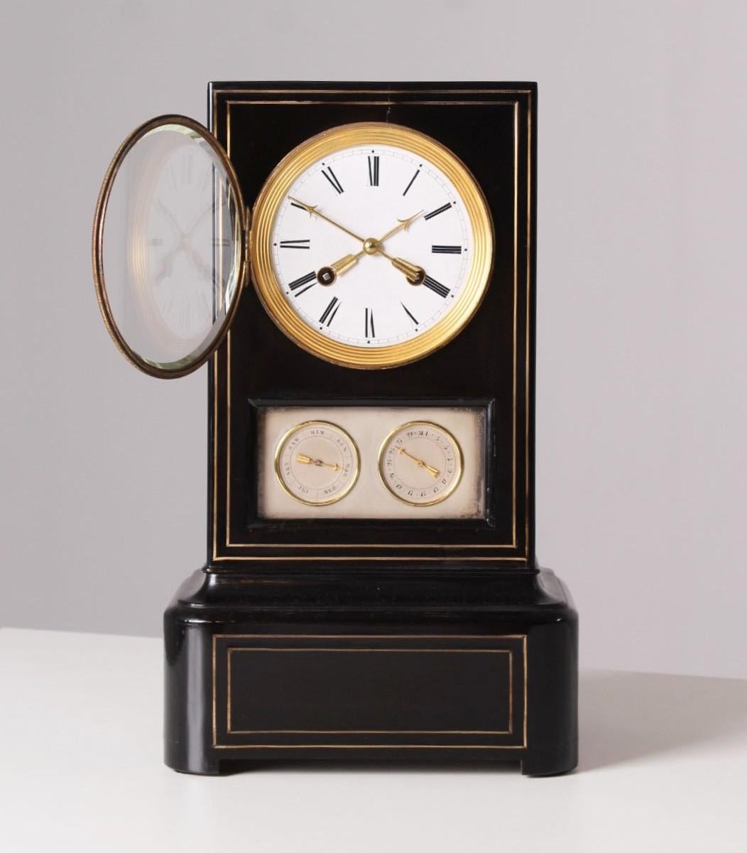 19th Century Table Clock with Calendar, Ebonized Wood, France, circa 1840-1860 For Sale 1