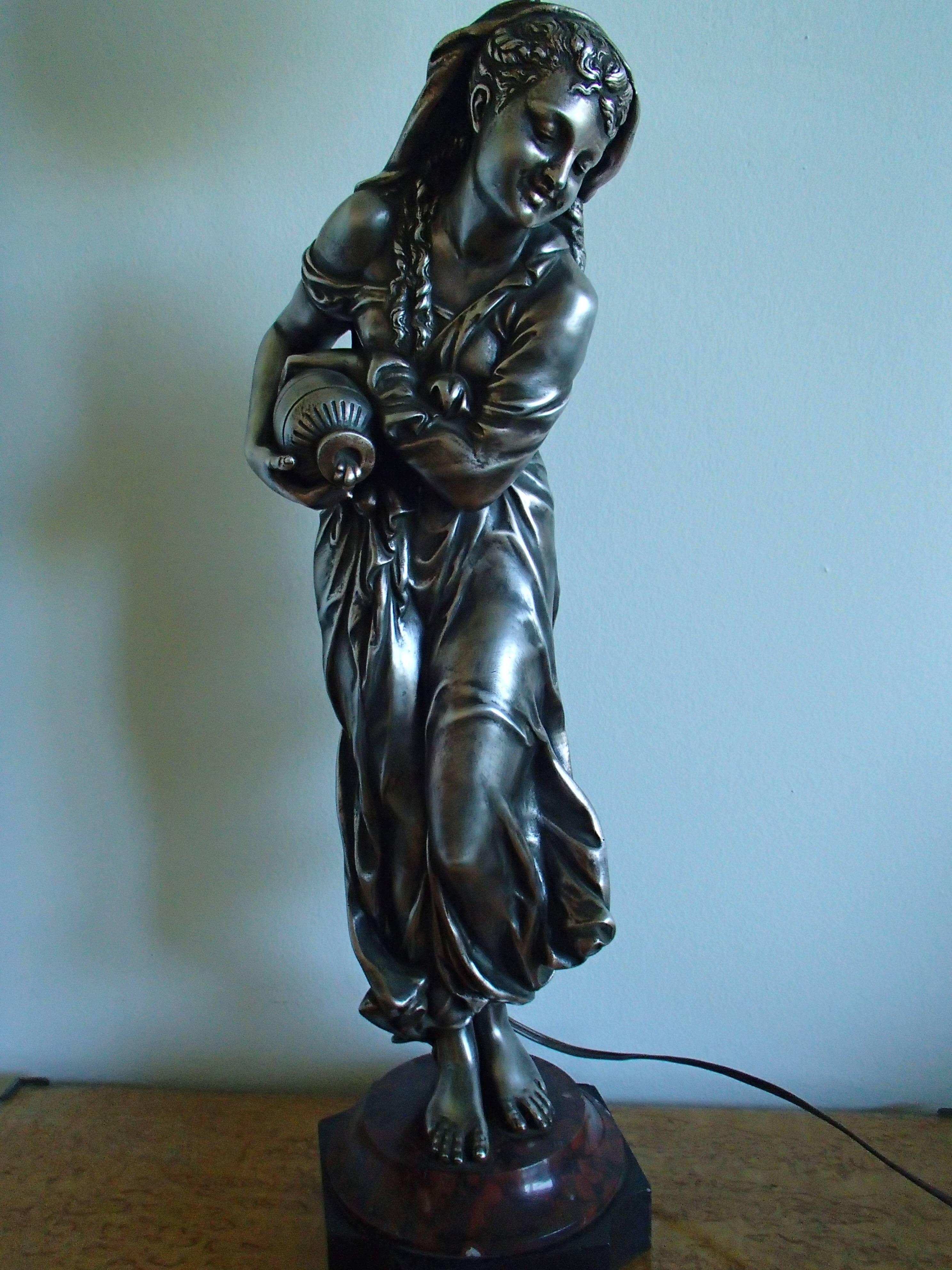 Austrian 19th Century Table Lamp Bronze Figure Women with Jar on Marble Base For Sale