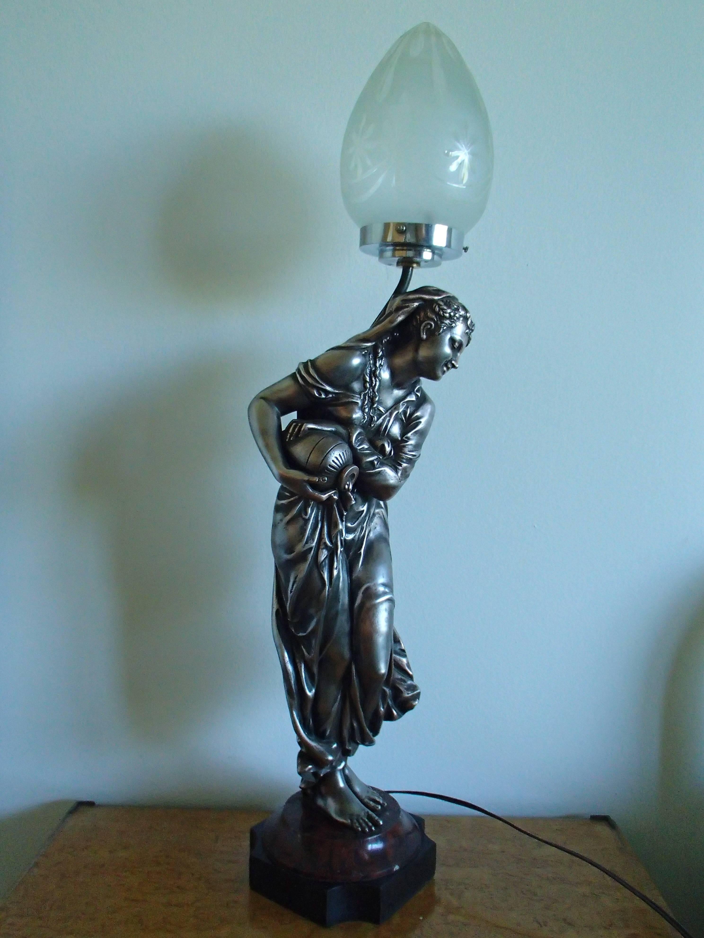 Early 20th Century 19th Century Table Lamp Bronze Figure Women with Jar on Marble Base For Sale