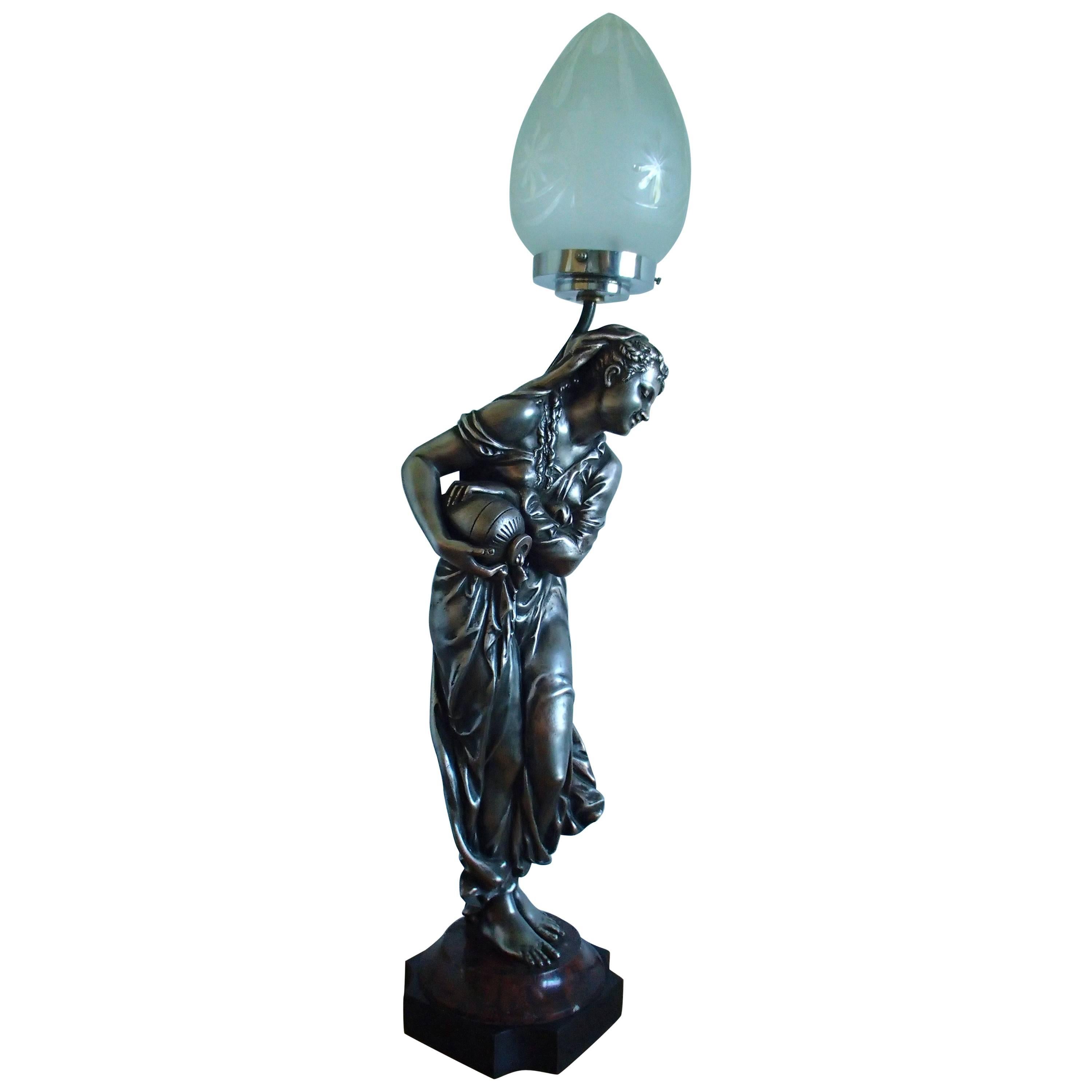 19th Century Table Lamp Bronze Figure Women with Jar on Marble Base