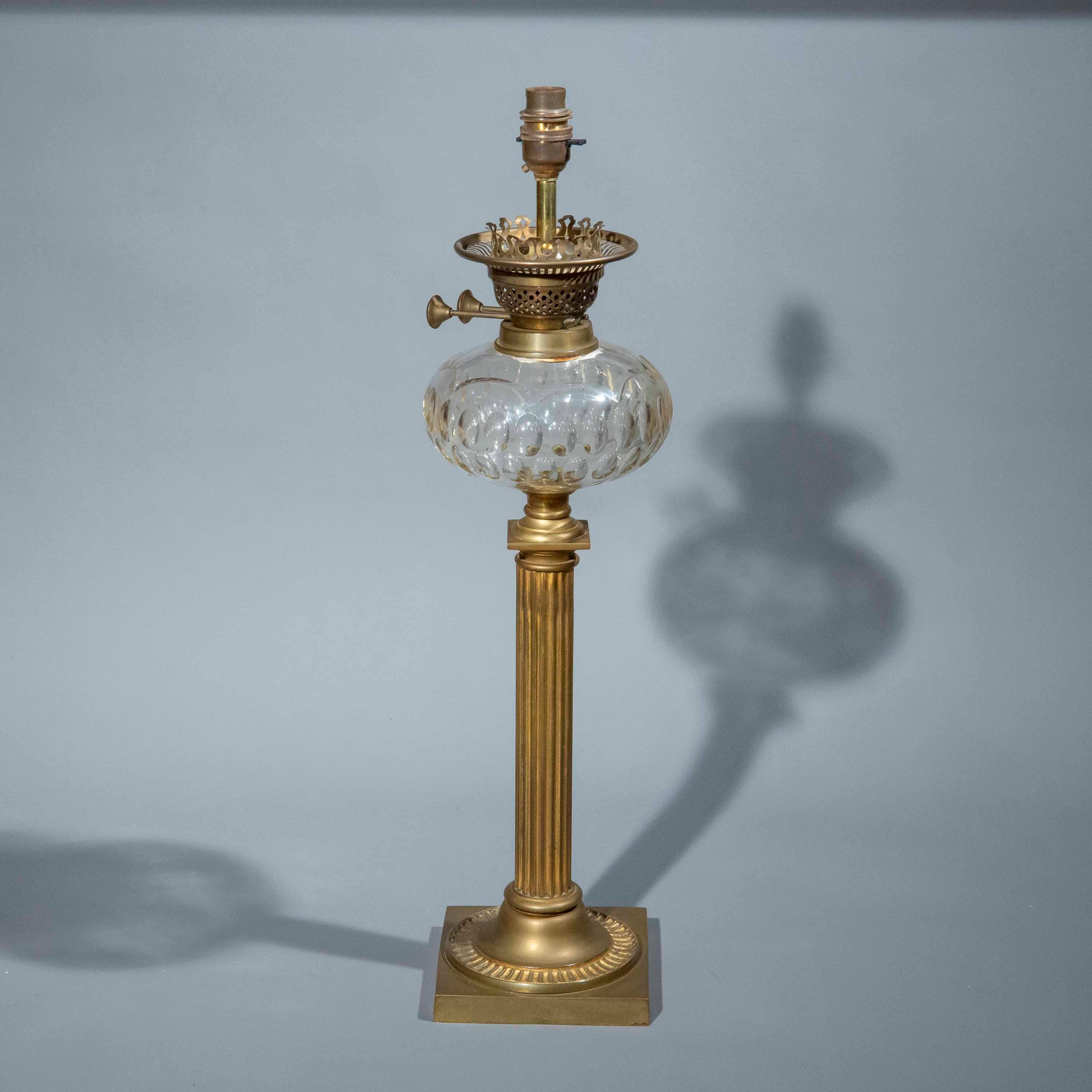 A handsome Victorian brass oil lamp, now converted to electricity. Late 19th century.

Why we like it

A very decorative lamp, quite unusually preserving its original glass reservoir, a rare feature.