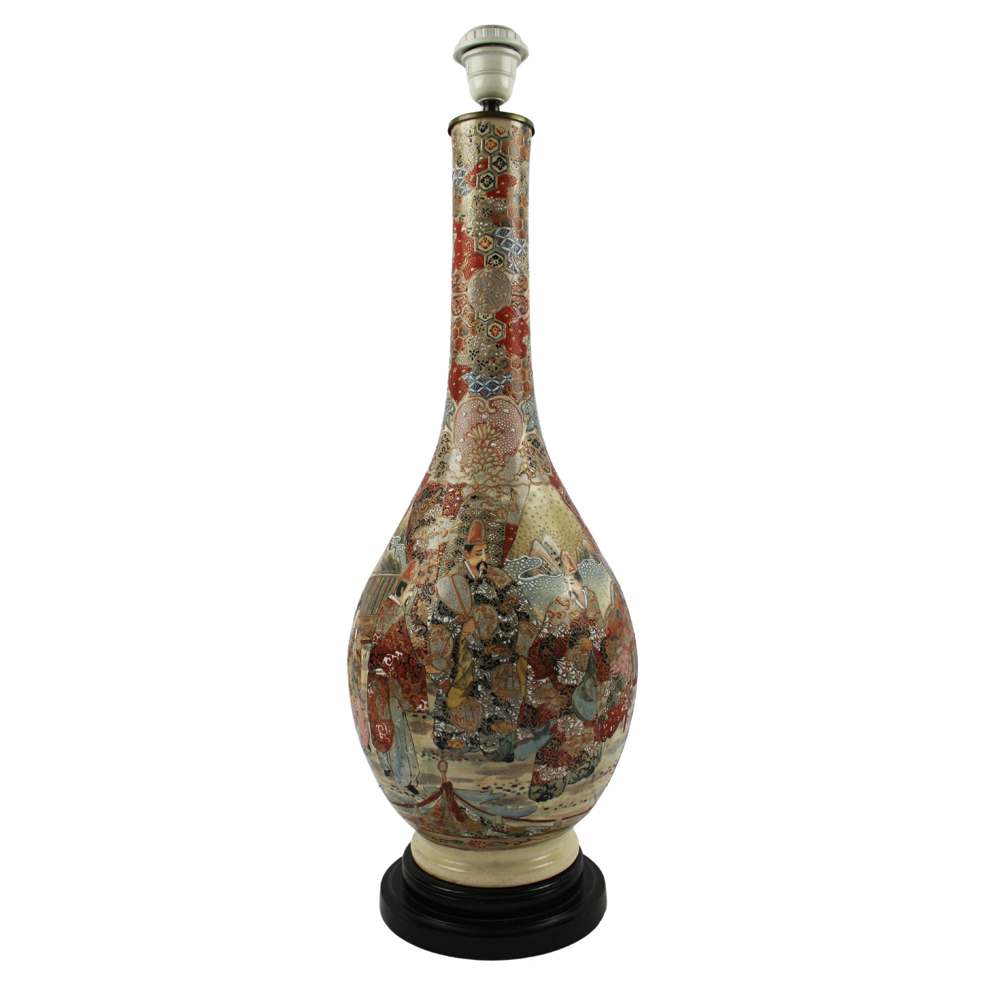 19th Century Table Lamp Meiji Satsuma porcelain handpaint Bottlevase 1868 Japan For Sale