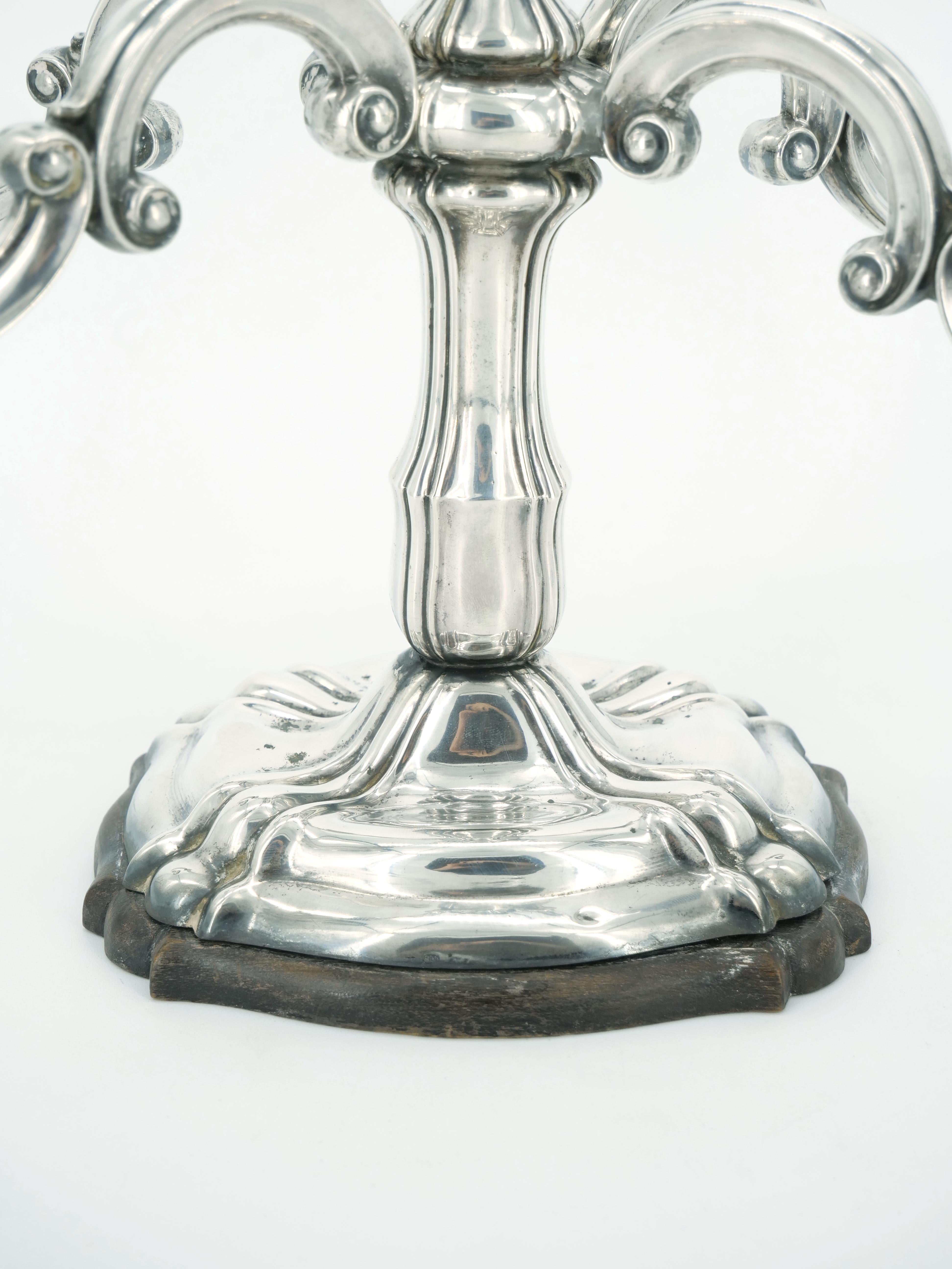 19th Century Tableware Sterling Silver Five Arm Candelabra / Wood Base For Sale 5