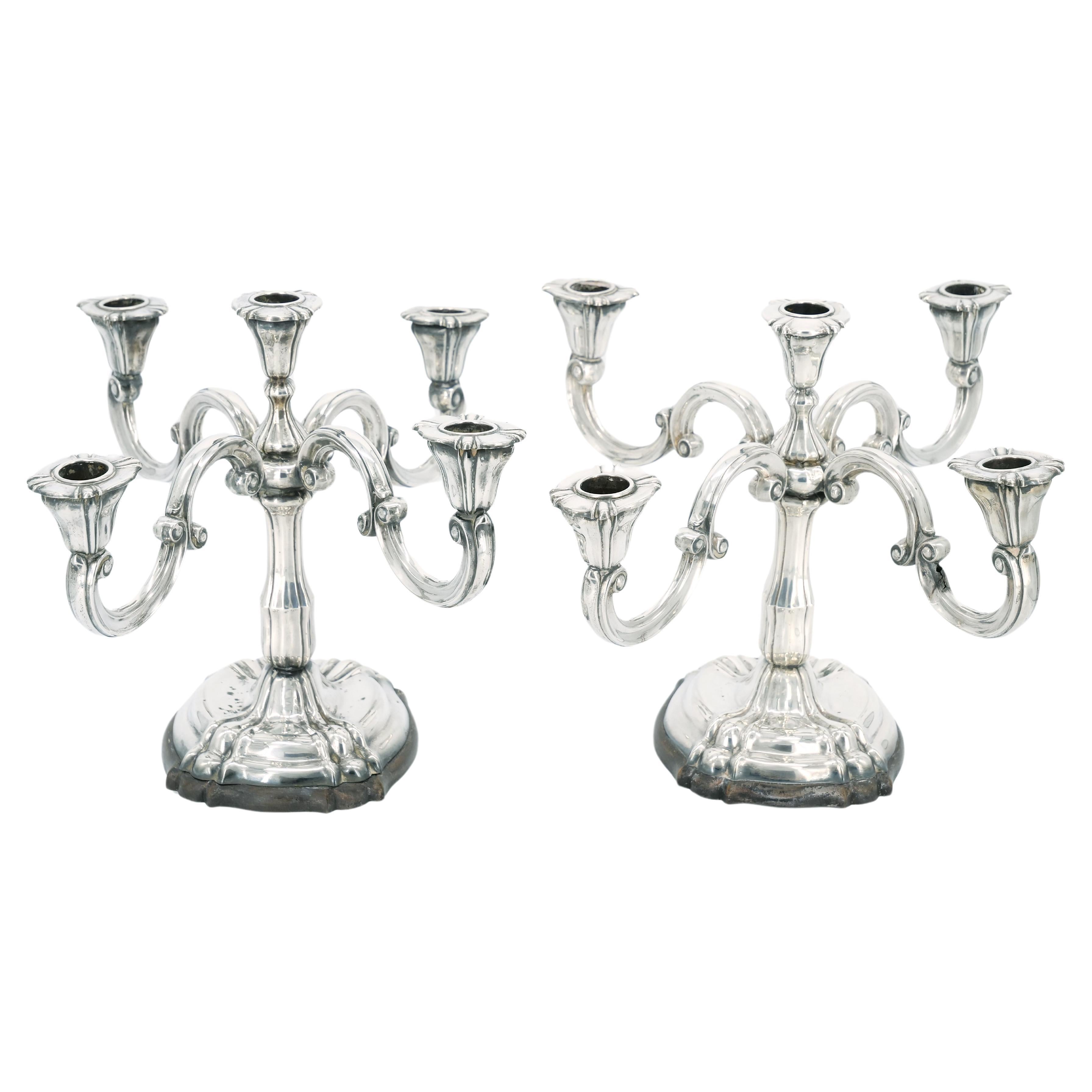 Arts and Crafts 19th Century Tableware Sterling Silver Five Arm Candelabra / Wood Base For Sale