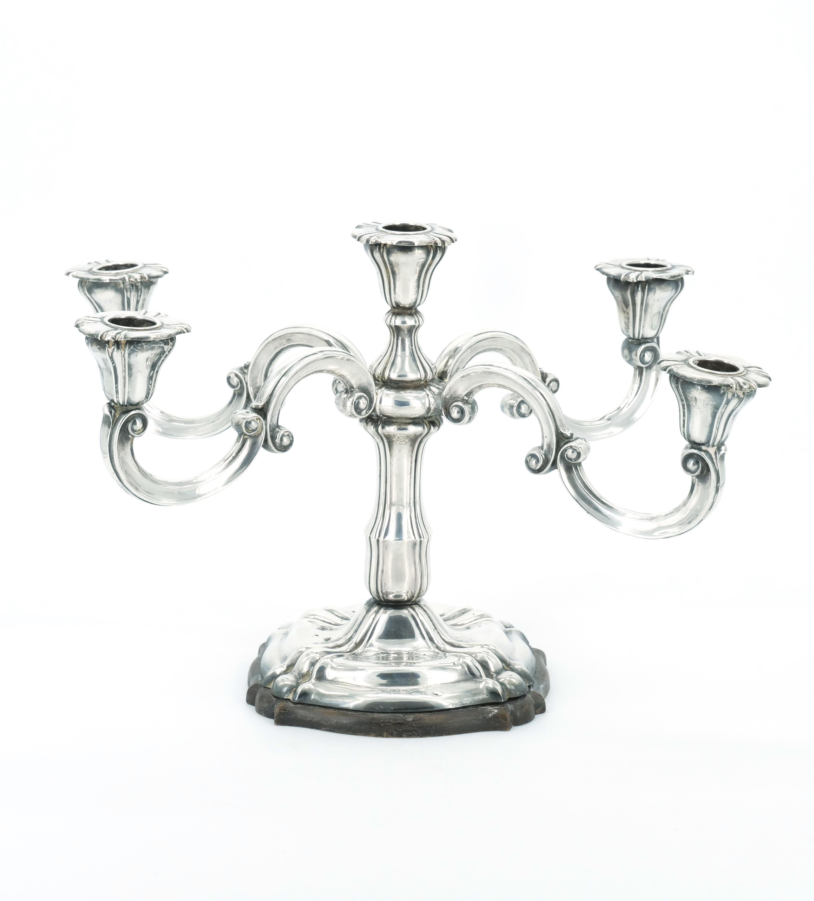Italian 19th Century Tableware Sterling Silver Five Arm Candelabra / Wood Base For Sale