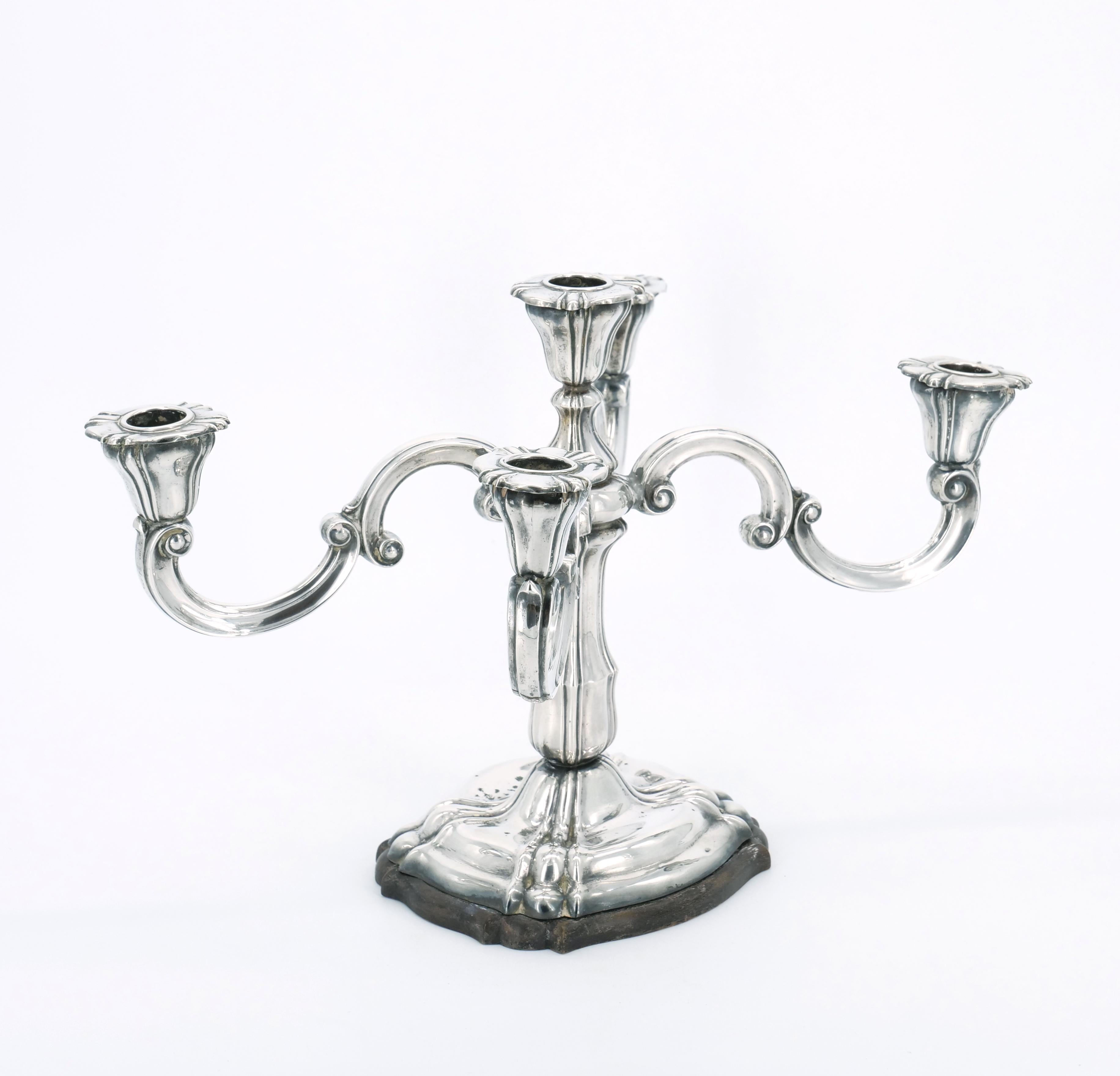 19th Century Tableware Sterling Silver Five Arm Candelabra / Wood Base In Good Condition For Sale In Tarry Town, NY