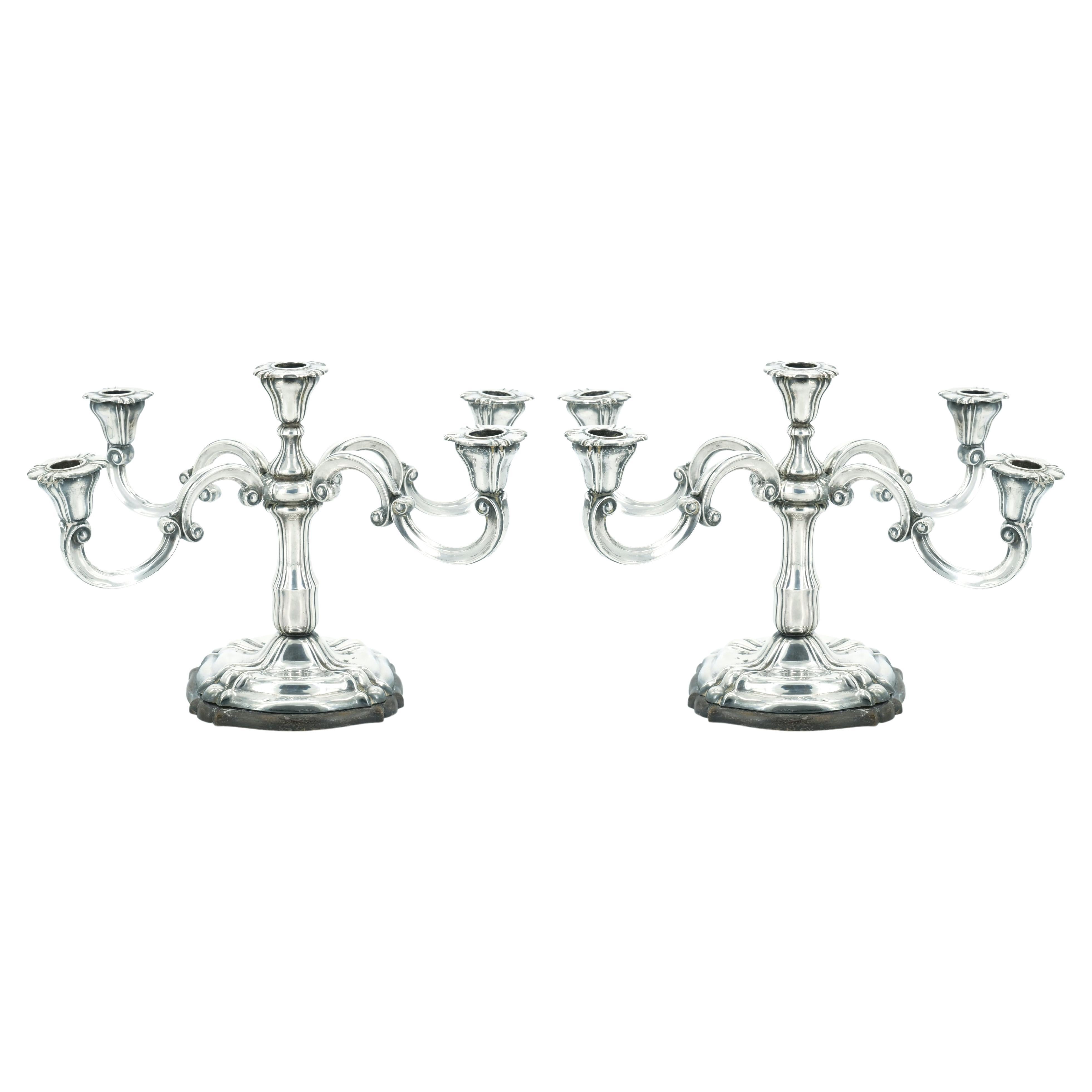 19th Century Tableware Sterling Silver Five Arm Candelabra / Wood Base For Sale