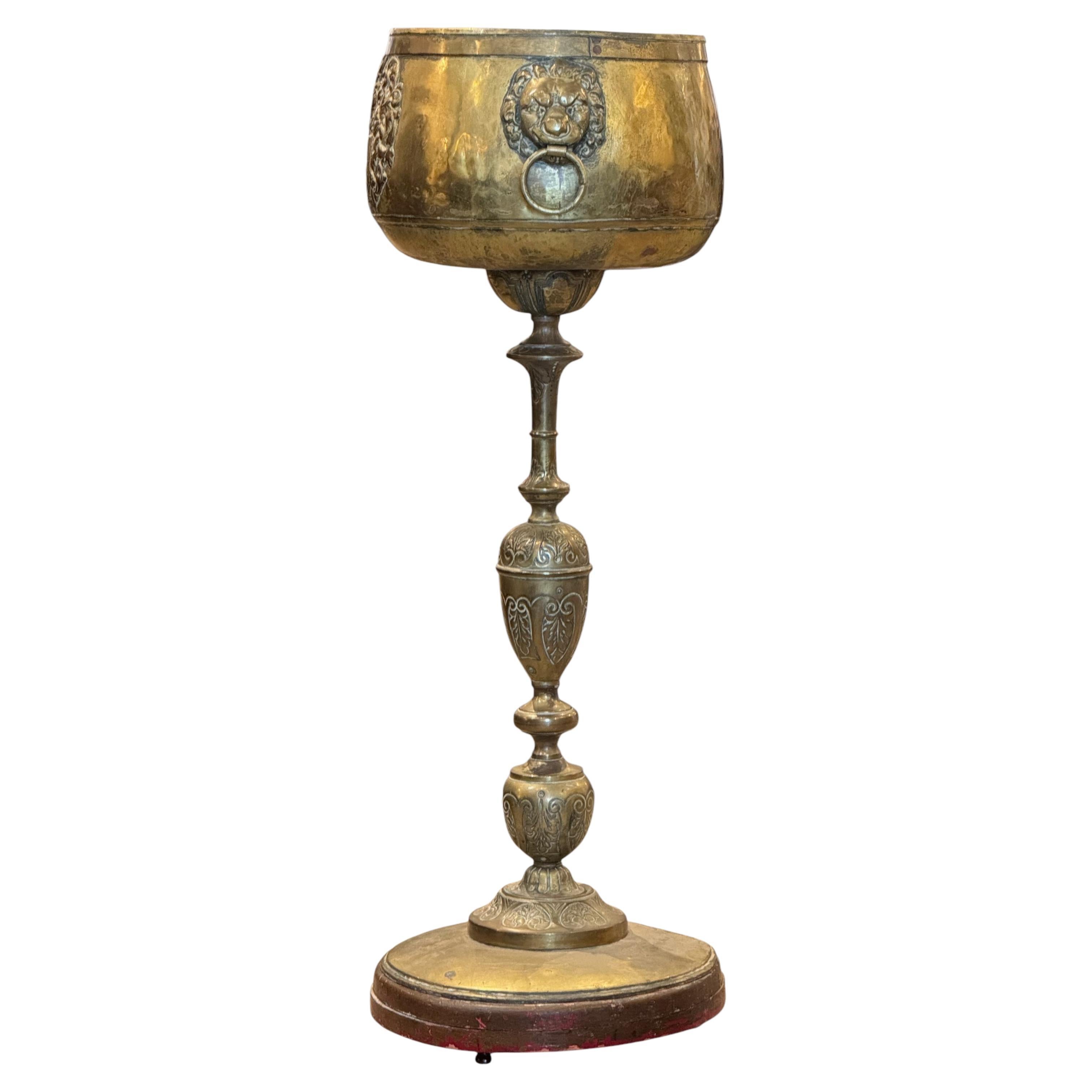 19th Century Tall Brass Planter With Lion’s Head Handles