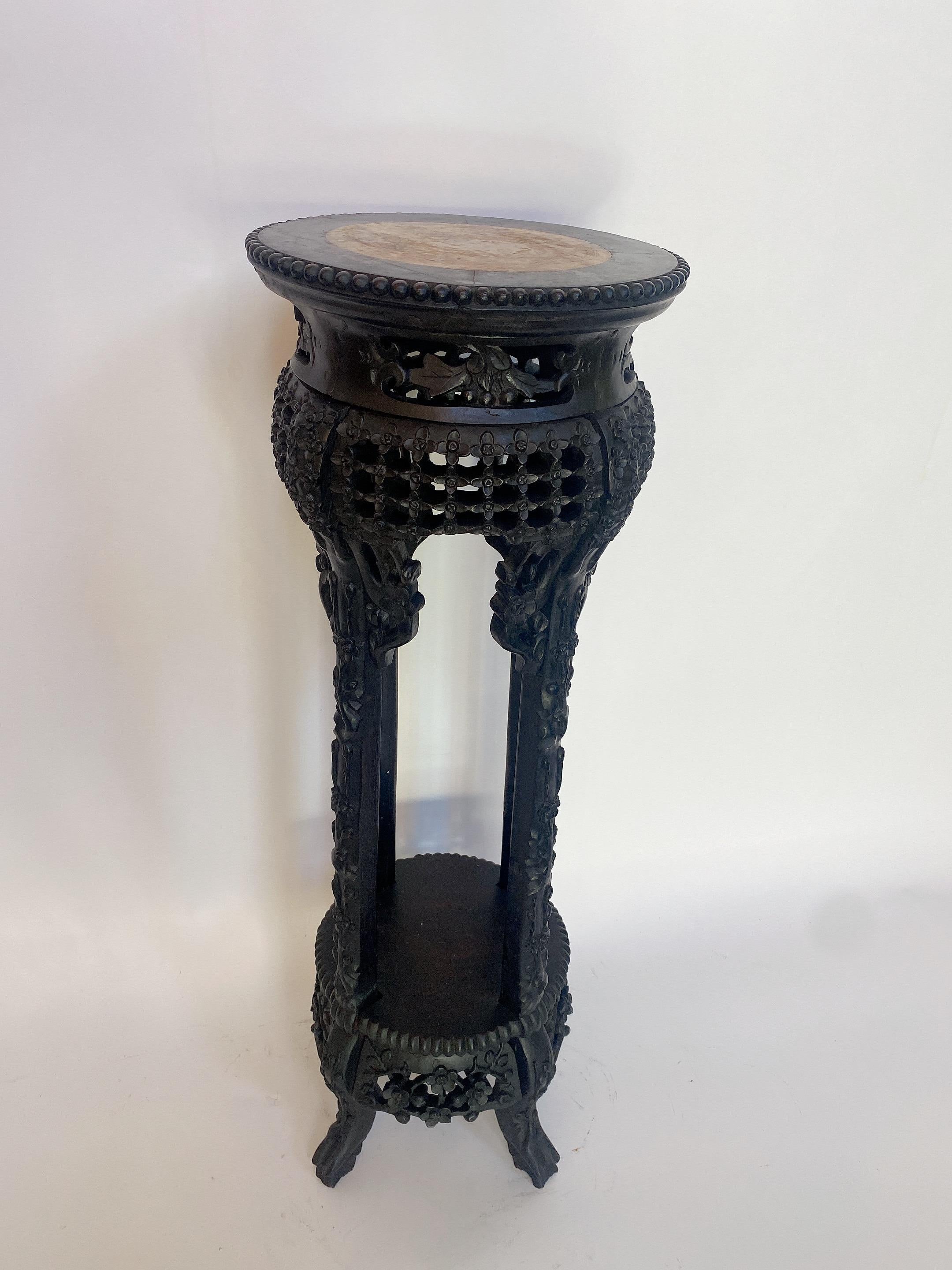 19th Century Tall Chinese Carved Hardwood Flower Stands Table Marble-Top Insert For Sale 5