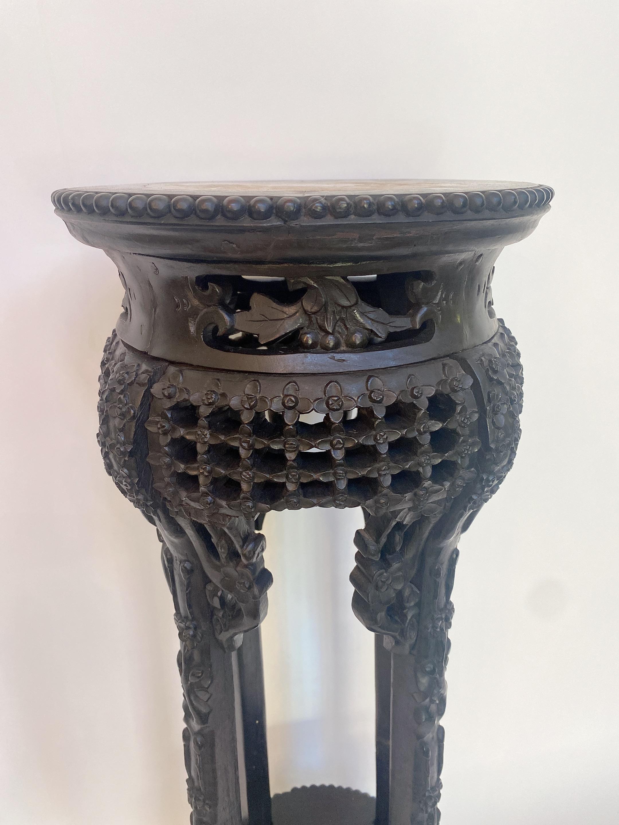 19th Century Tall Chinese Carved Hardwood Flower Stands Table Marble-Top Insert For Sale 6