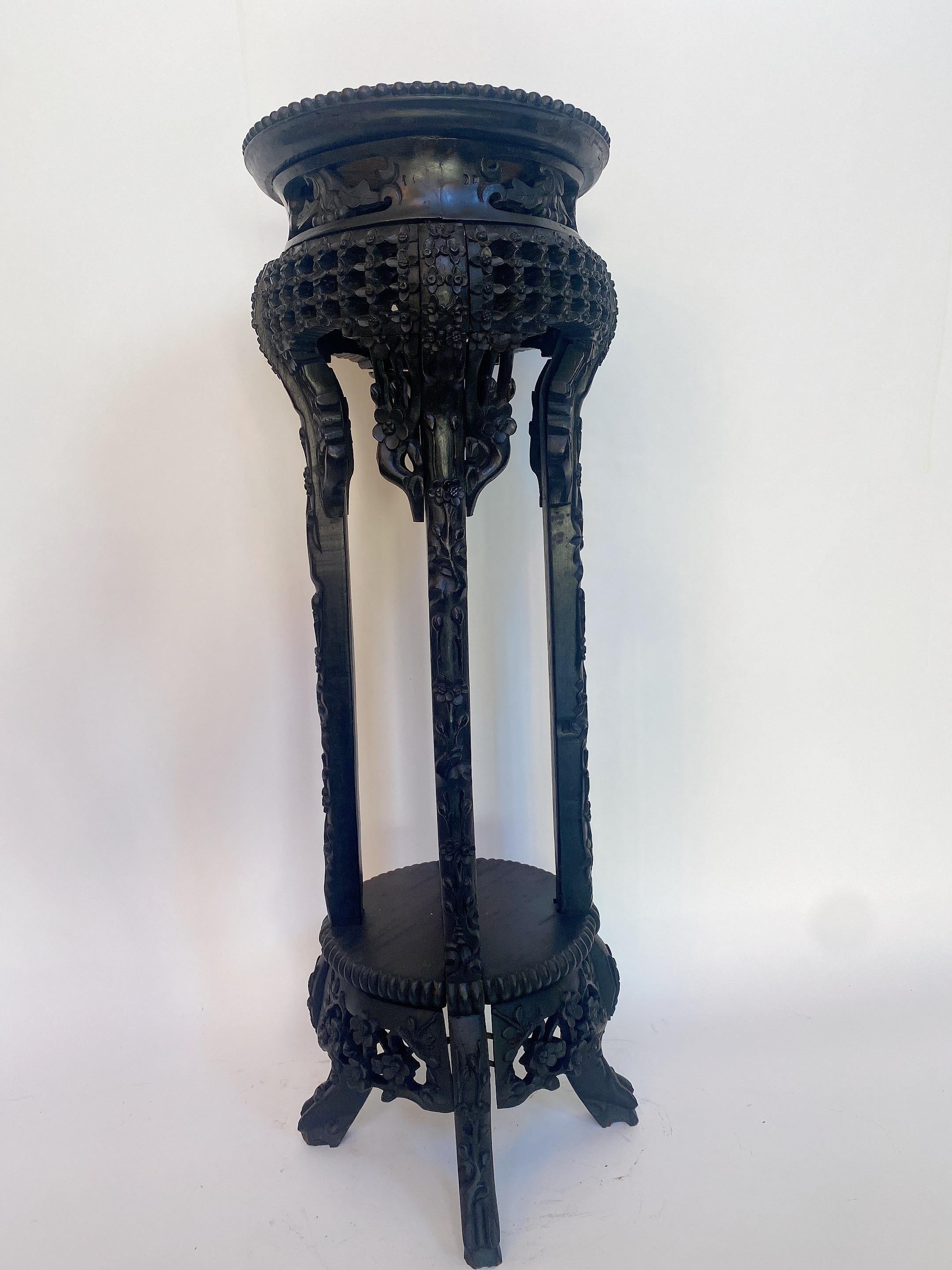 19th Century Tall Chinese Carved Hardwood Flower Stands Table Marble-Top Insert For Sale 7
