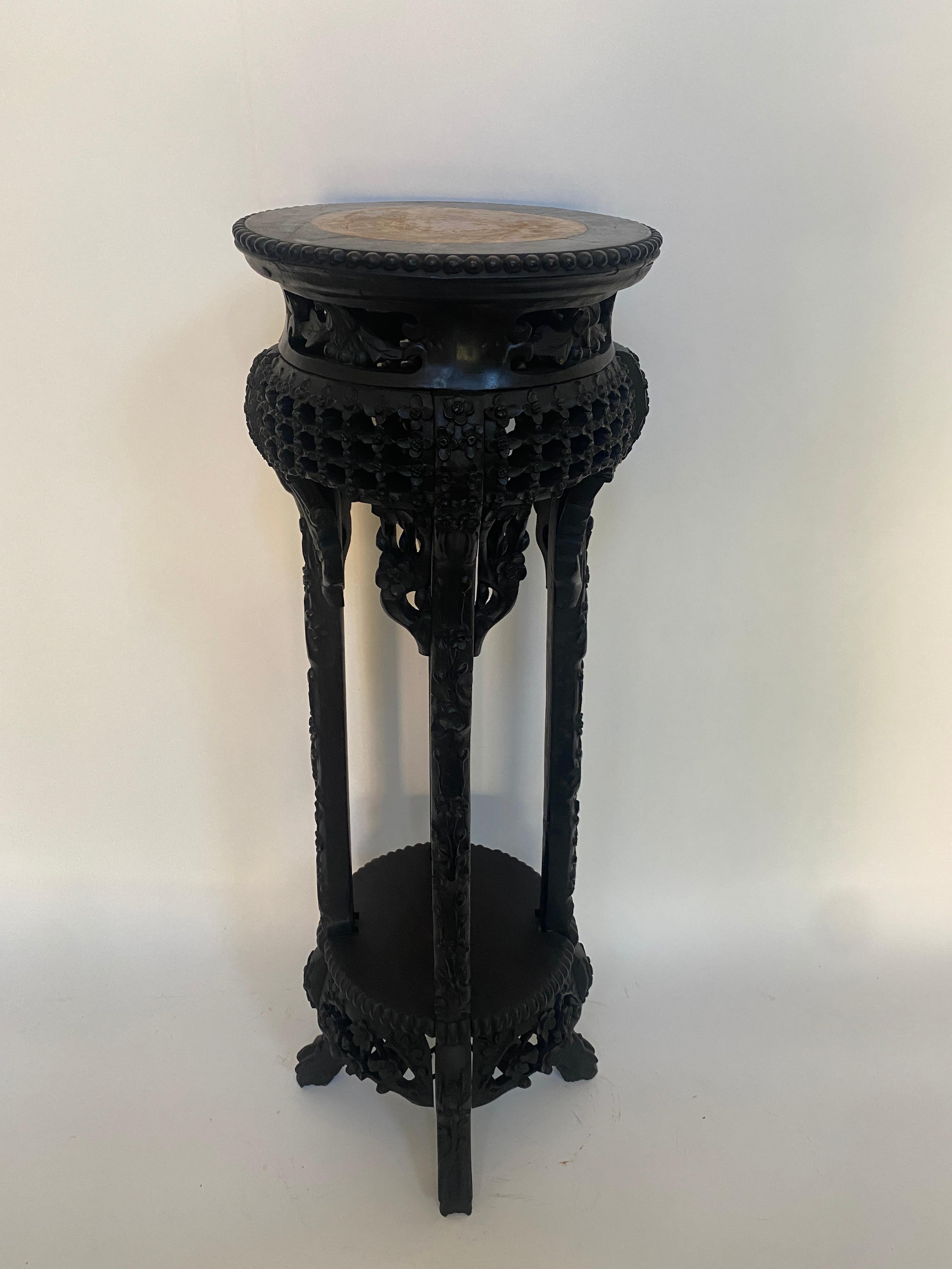 Chinese Export 19th Century Tall Chinese Carved Hardwood Flower Stands Table Marble-Top Insert For Sale