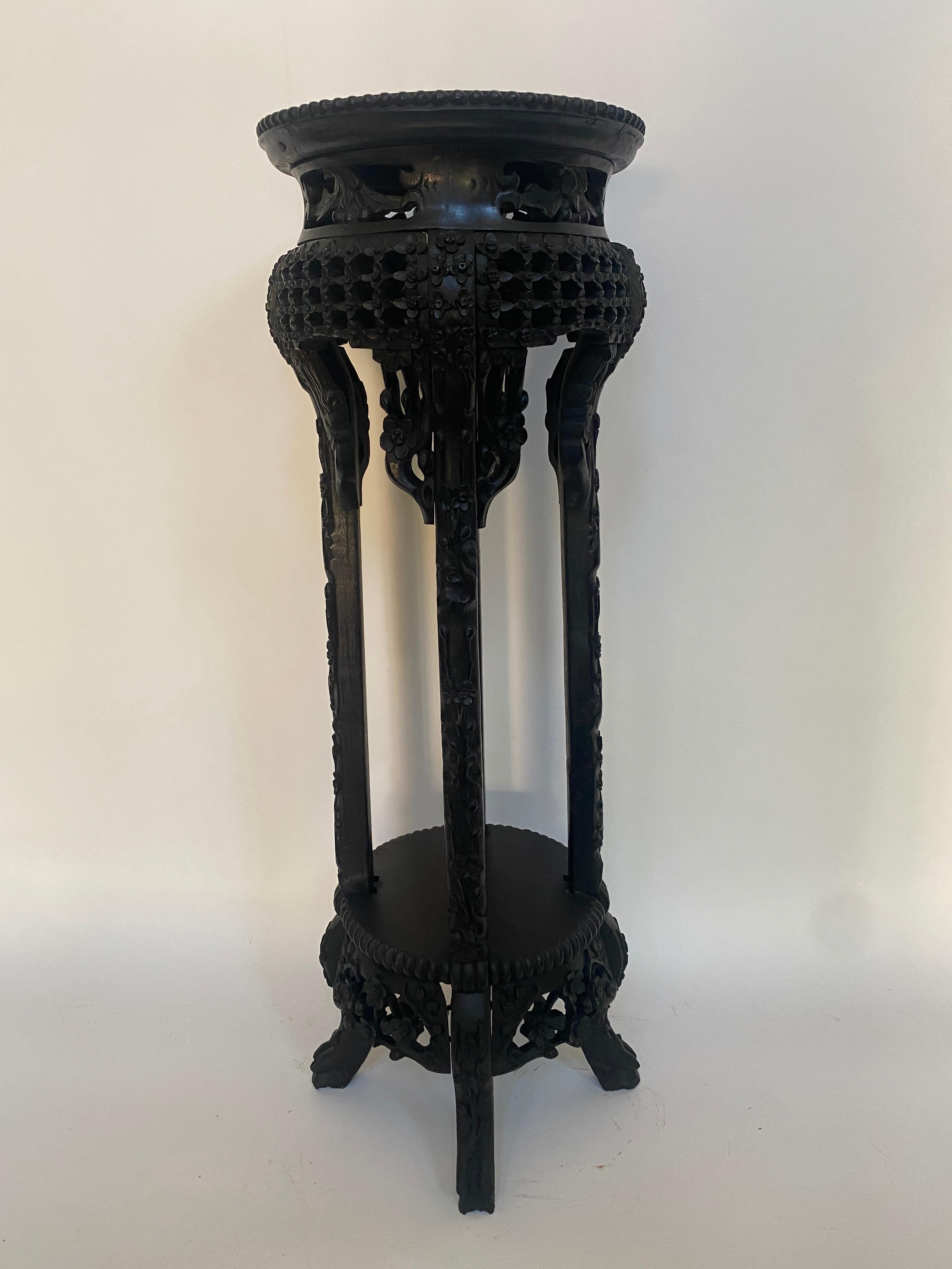 Hand-Carved 19th Century Tall Chinese Carved Hardwood Flower Stands Table Marble-Top Insert For Sale