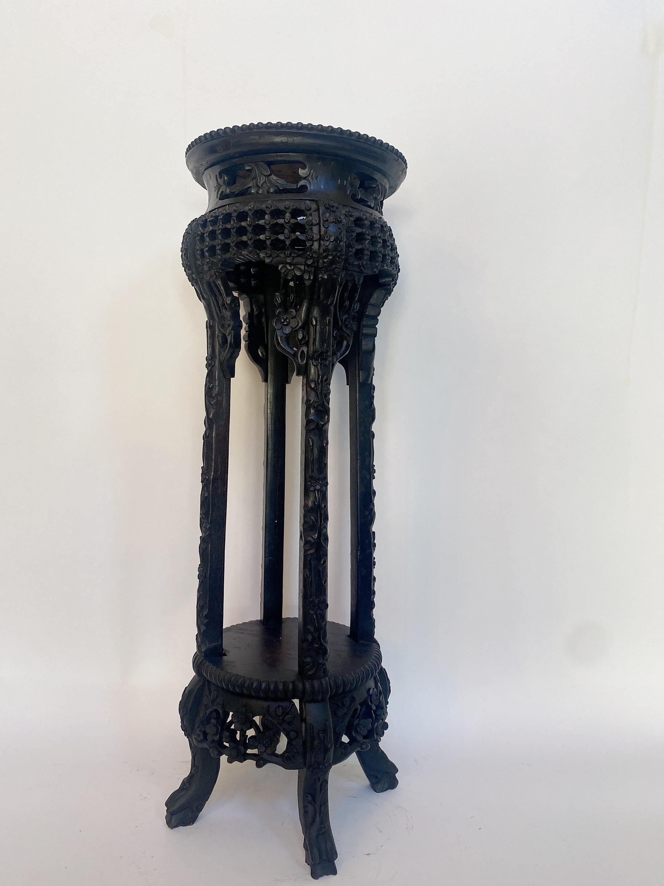 19th Century Tall Chinese Carved Hardwood Flower Stands Table Marble-Top Insert In Good Condition For Sale In Brea, CA