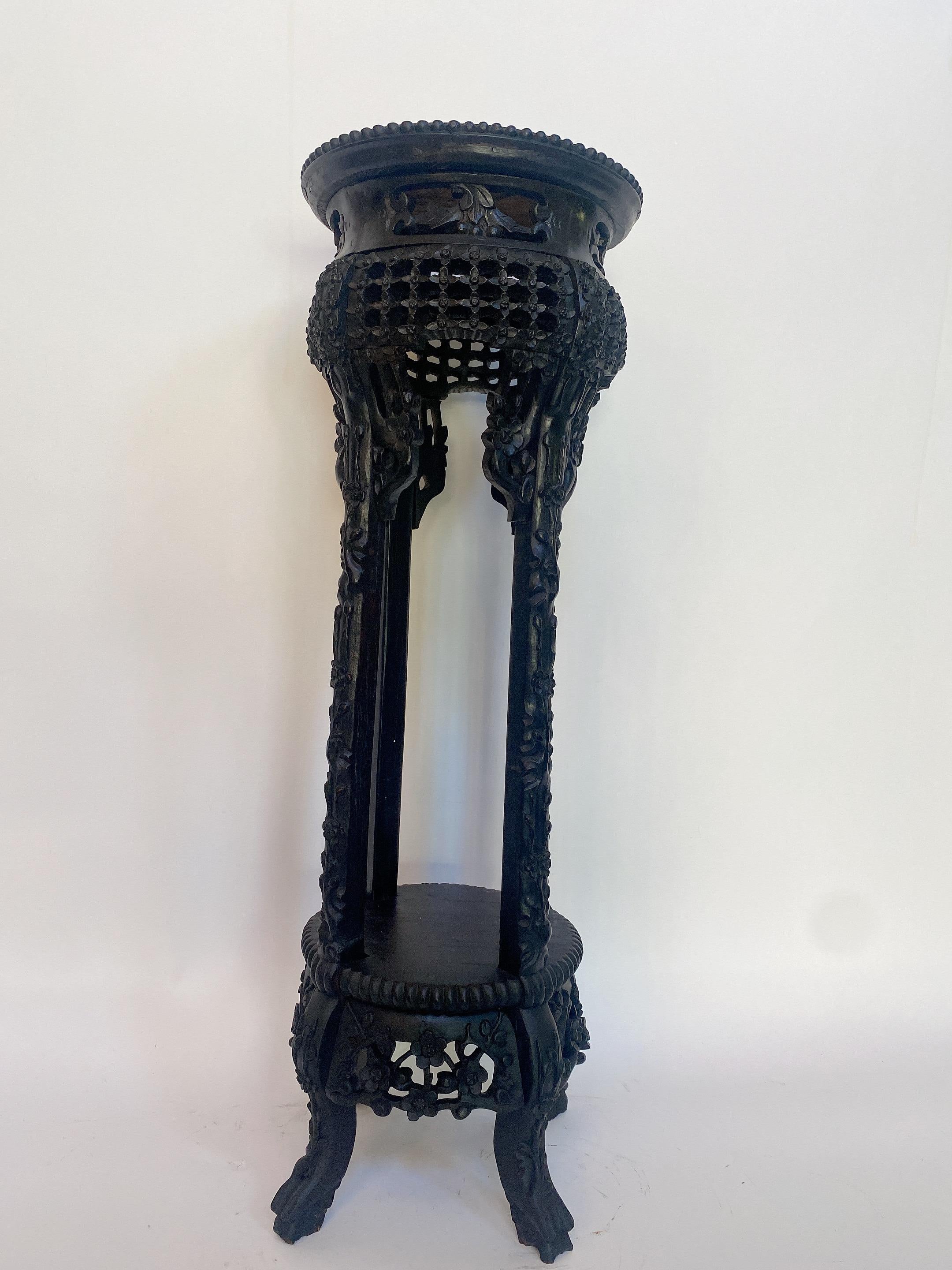 19th Century Tall Chinese Carved Hardwood Flower Stands Table Marble-Top Insert For Sale 1