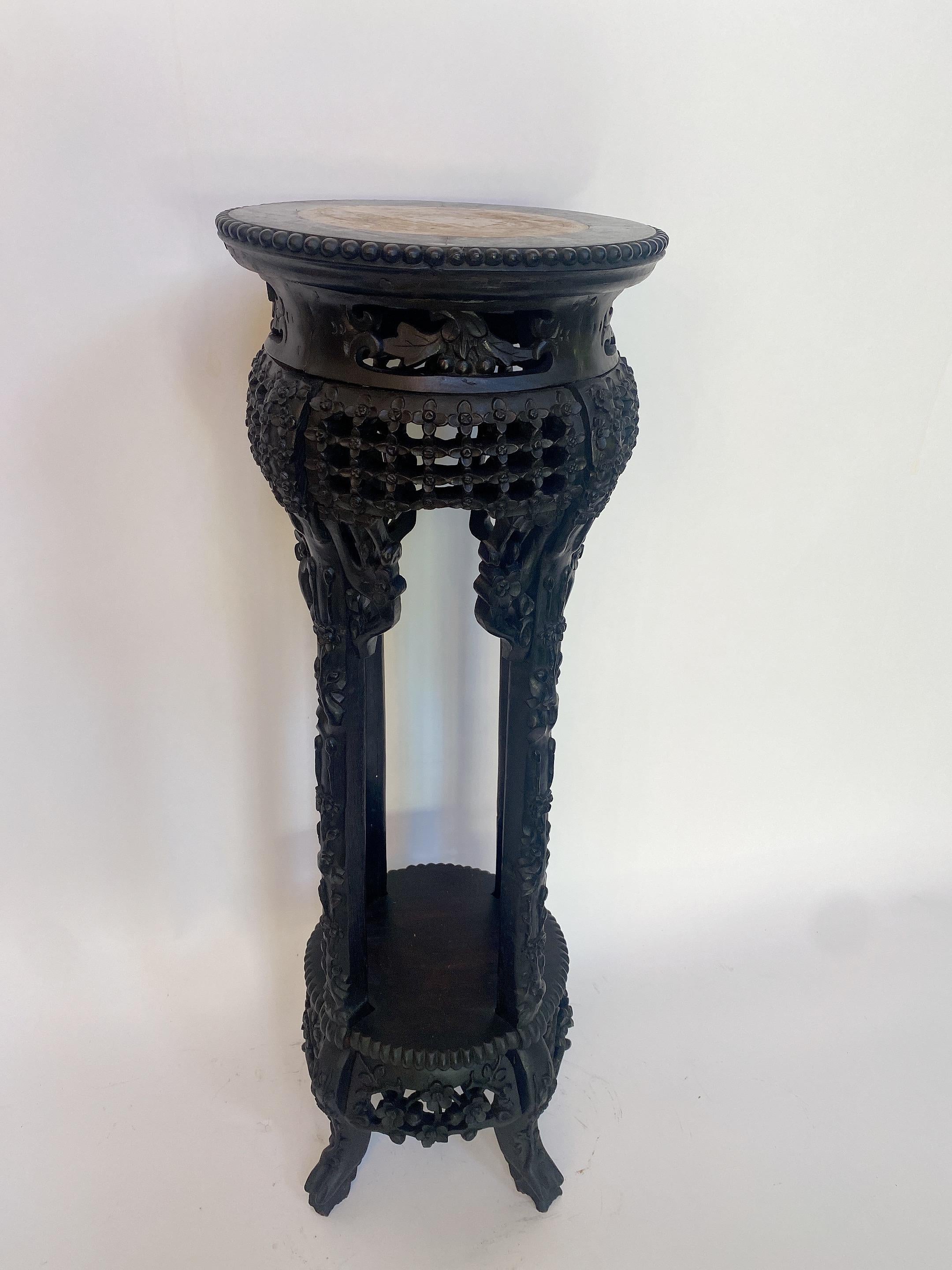 19th Century Tall Chinese Carved Hardwood Flower Stands Table Marble-Top Insert For Sale 2