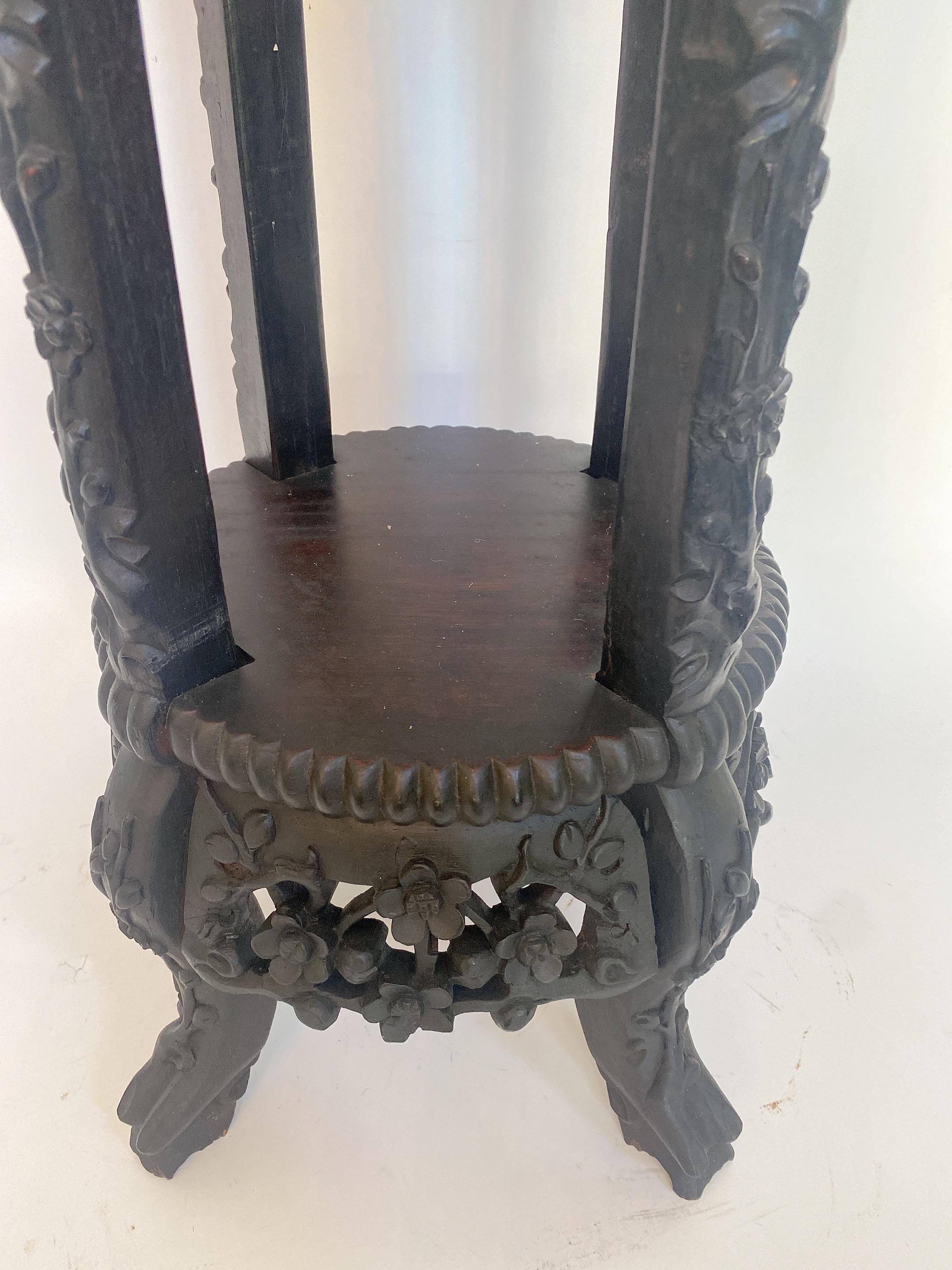 19th Century Tall Chinese Carved Hardwood Flower Stands Table Marble-Top Insert For Sale 3
