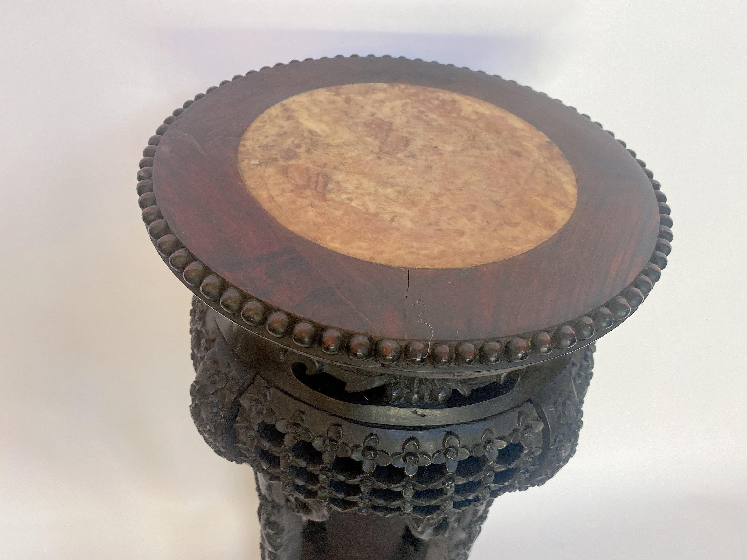 19th Century Tall Chinese Carved Hardwood Flower Stands Table Marble-Top Insert For Sale 4