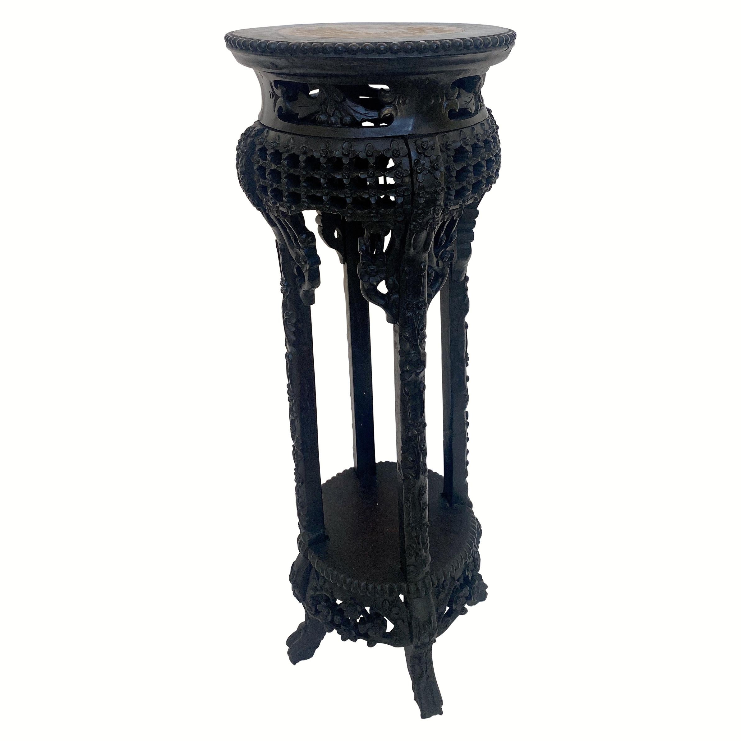 19th Century Tall Chinese Carved Hardwood Flower Stands Table Marble-Top Insert