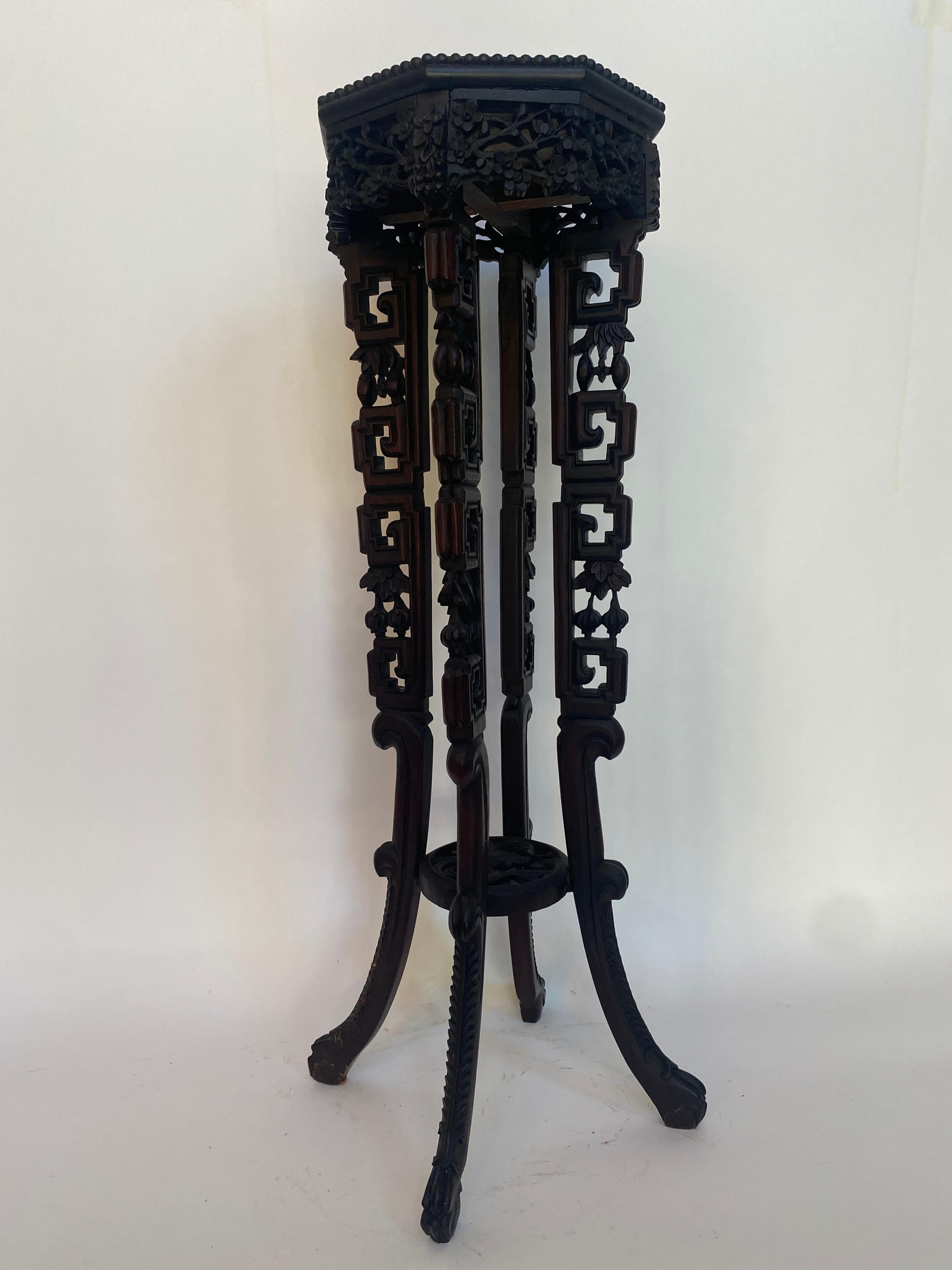 19th Century Tall Chinese Caved Hardwood Flower Stand Marble Top Insert For Sale 7