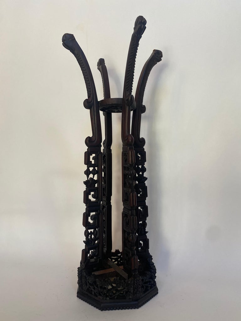 19th Century Tall Chinese Caved Hardwood Flower Stand Marble Top Insert ...