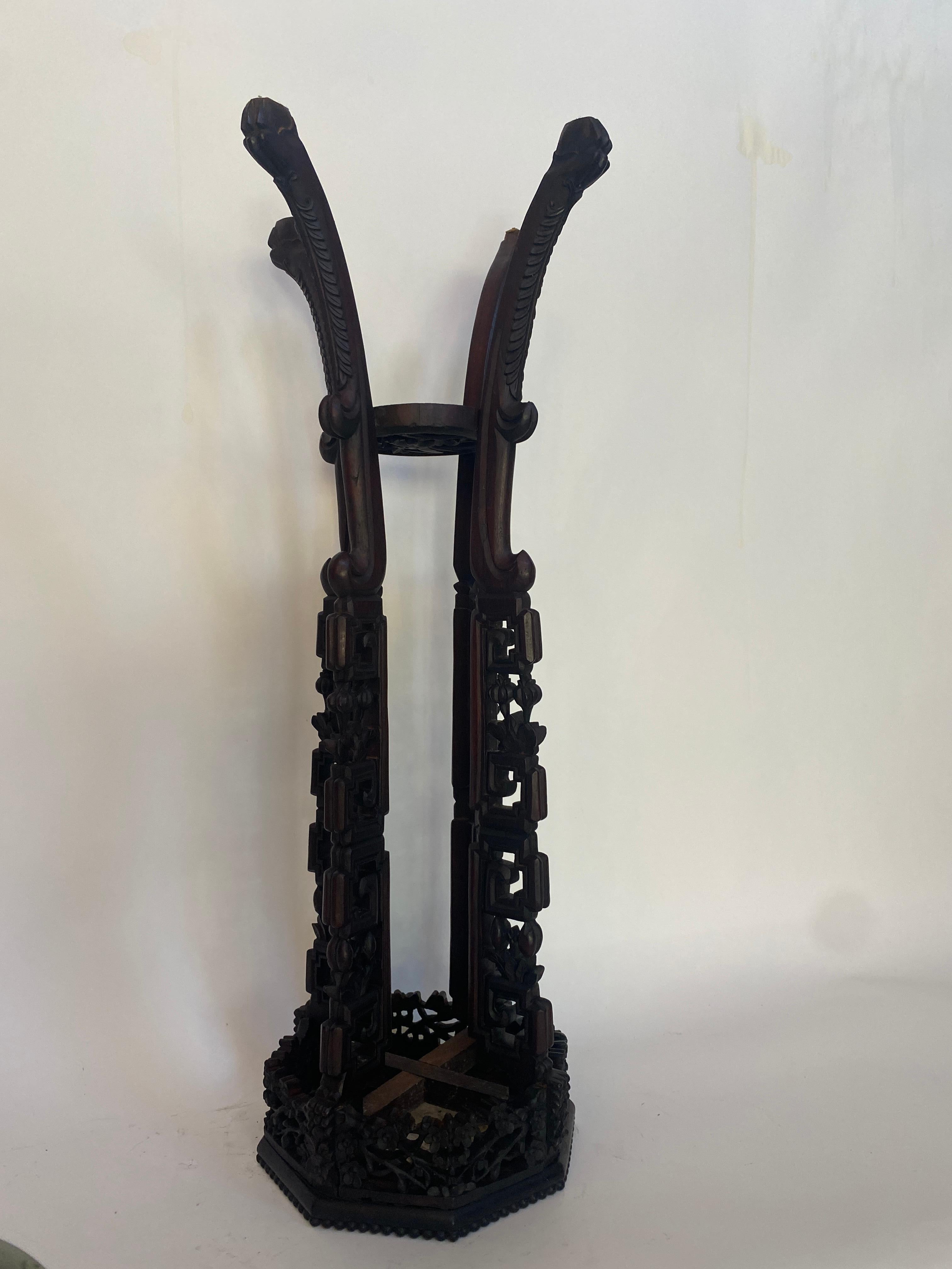 19th Century Tall Chinese Caved Hardwood Flower Stand Marble Top Insert For Sale 12