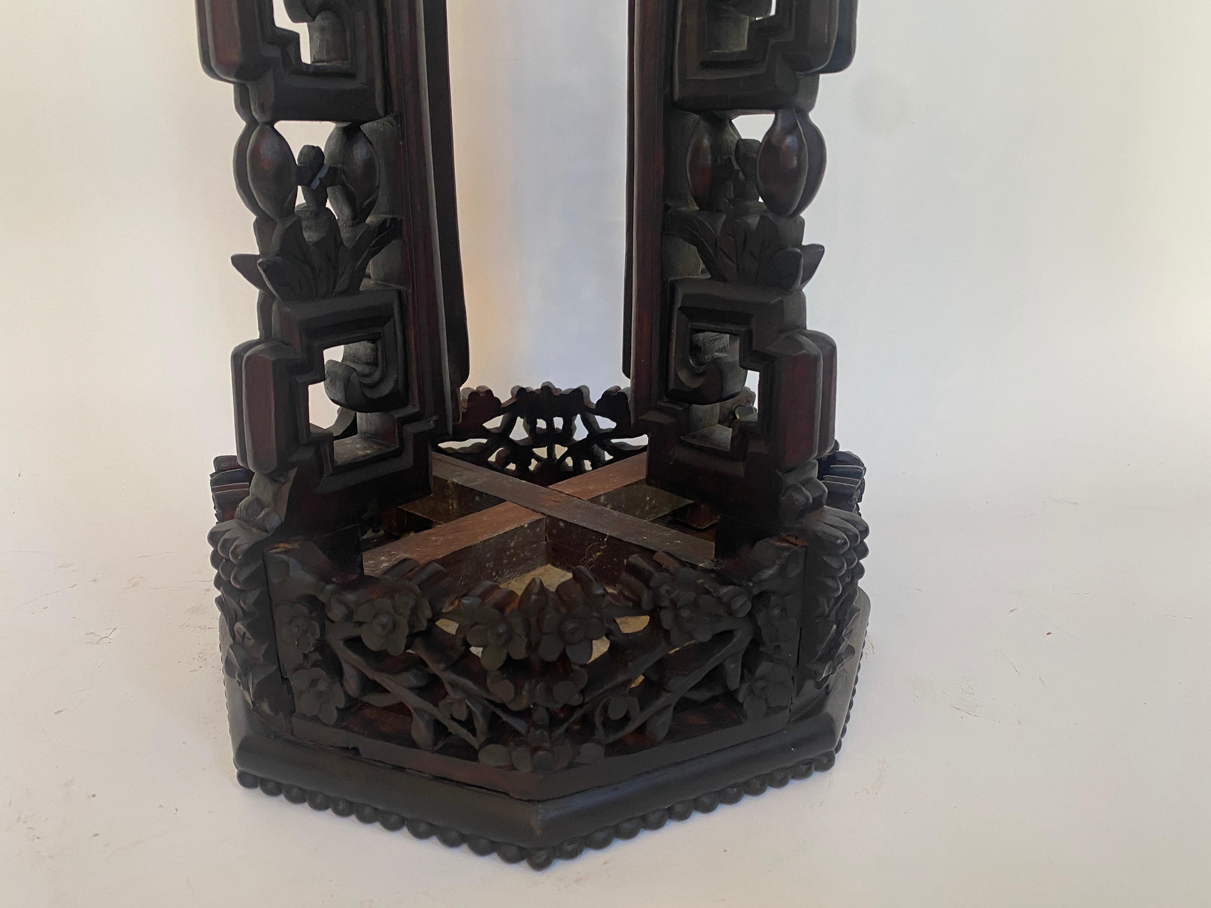 19th Century Tall Chinese Caved Hardwood Flower Stand Marble Top Insert For Sale 13