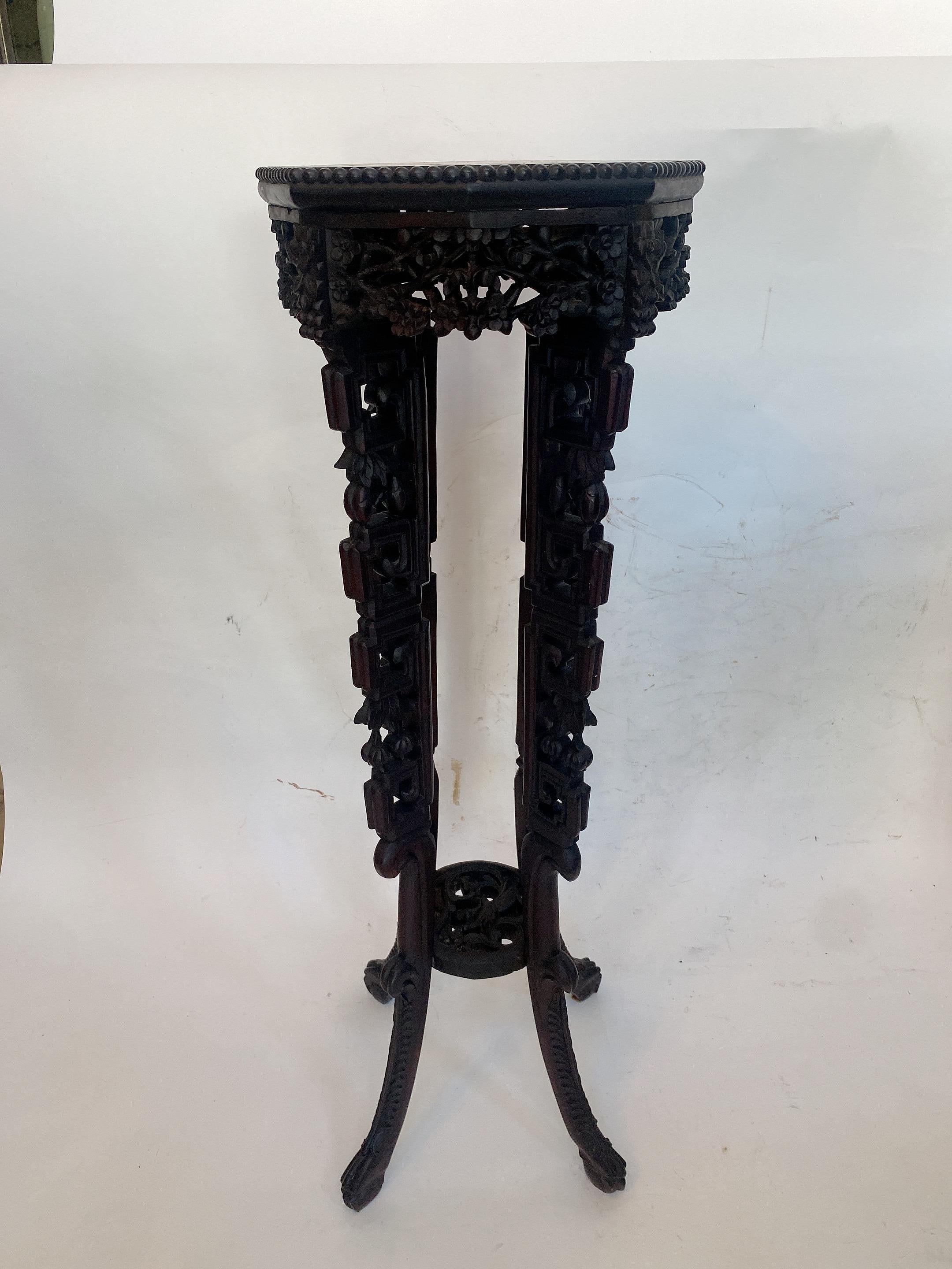 19th Century Tall Chinese Caved Hardwood Flower Stand Marble Top Insert For Sale 14