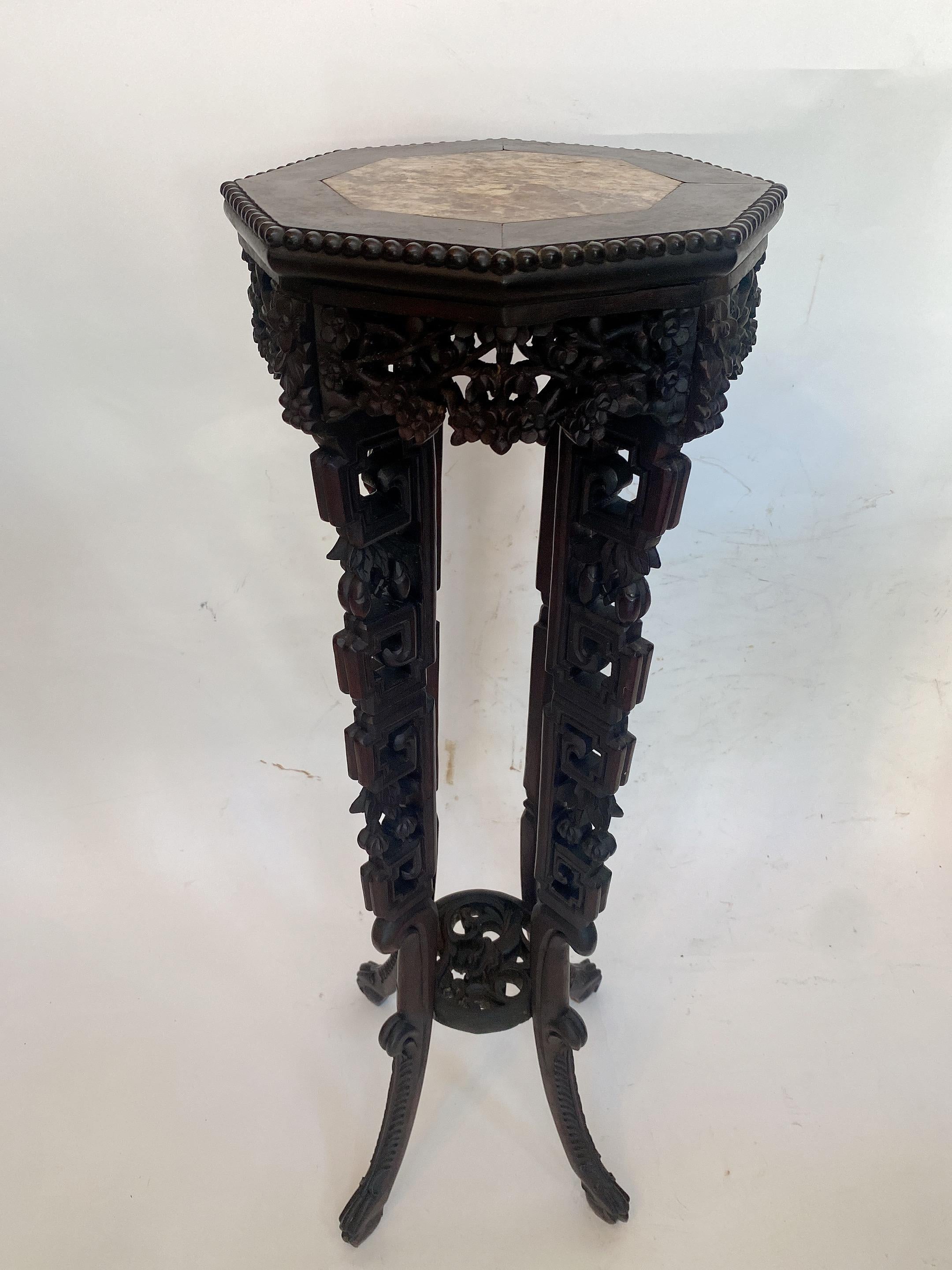 19th Century Tall Chinese Caved Hardwood Flower Stand Marble Top Insert For Sale 15