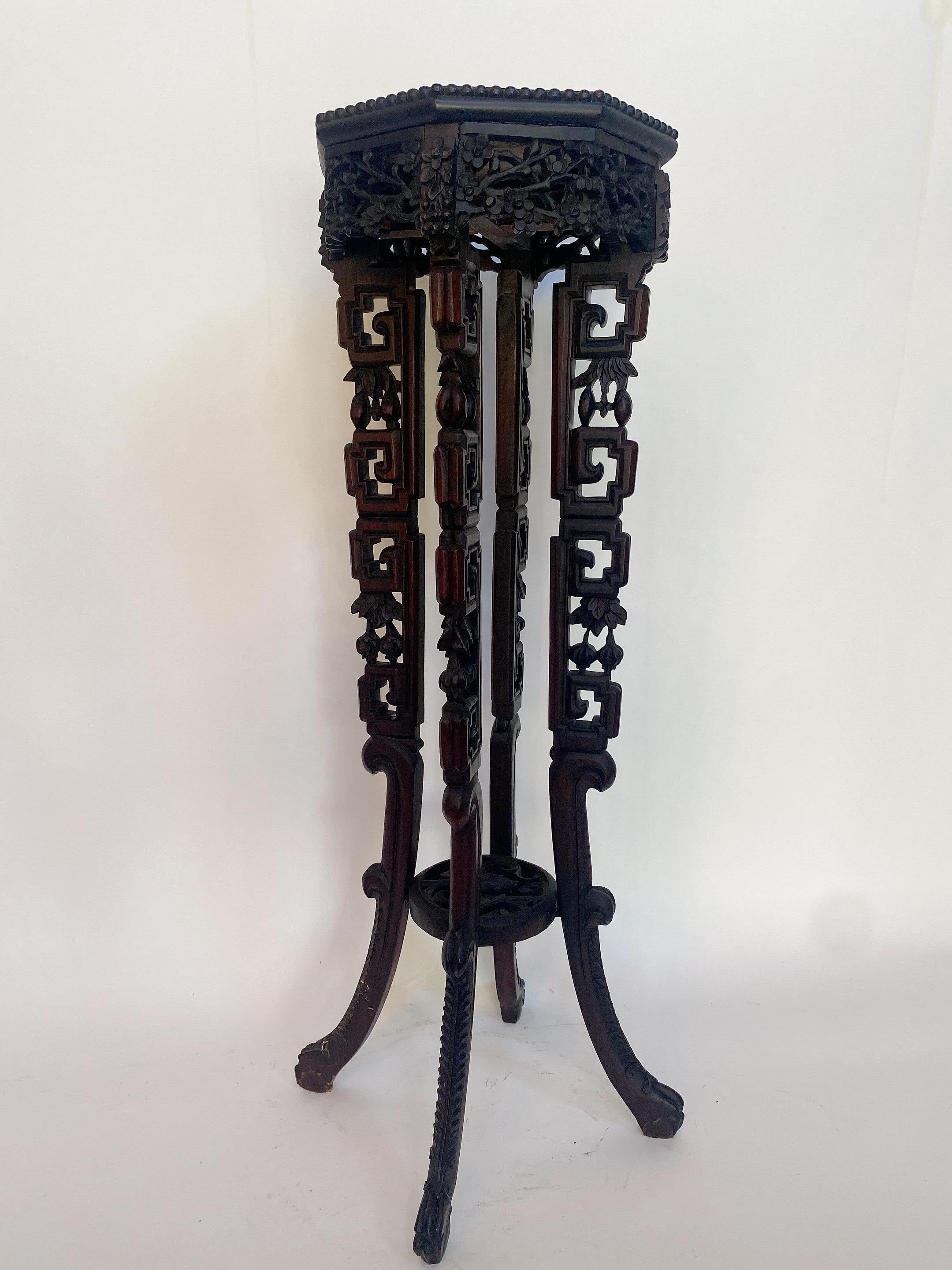 Chinese Export 19th Century Tall Chinese Caved Hardwood Flower Stand Marble Top Insert For Sale
