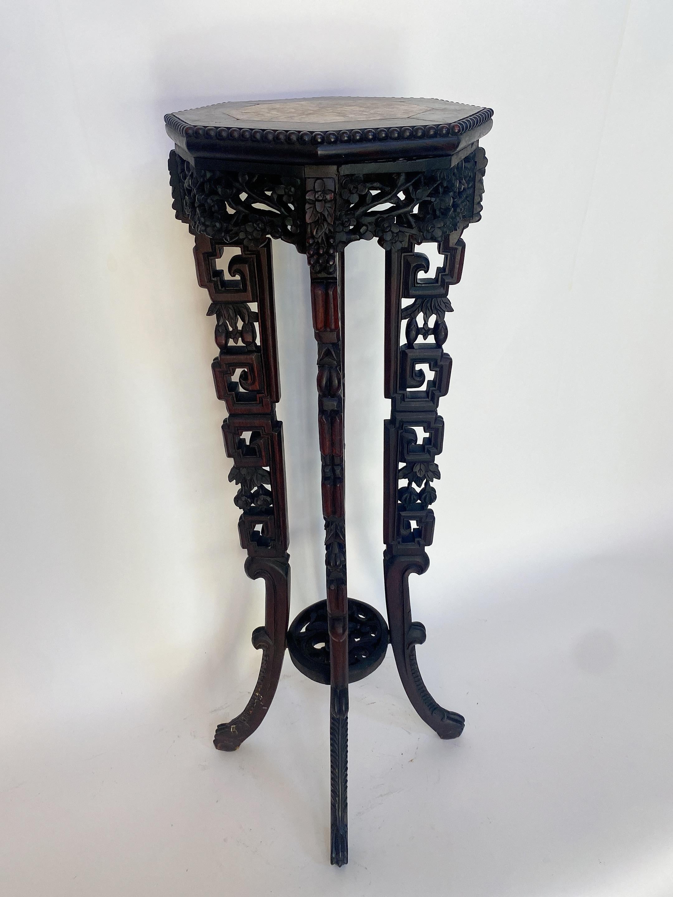Hand-Carved 19th Century Tall Chinese Caved Hardwood Flower Stand Marble Top Insert For Sale