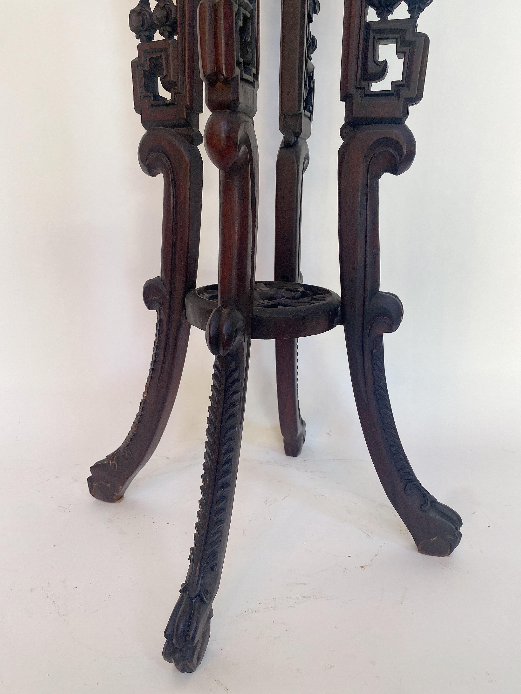 19th Century Tall Chinese Caved Hardwood Flower Stand Marble Top Insert In Good Condition For Sale In Brea, CA