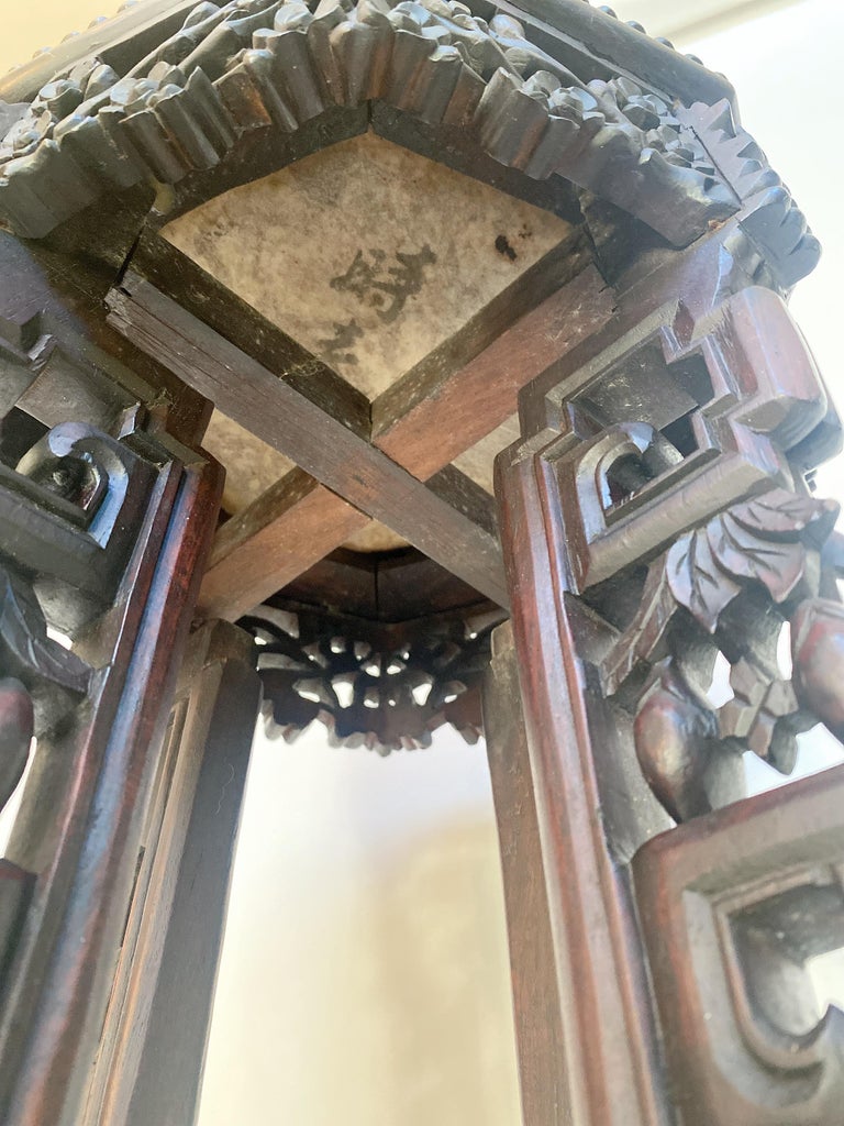 19th Century Tall Chinese Caved Hardwood Flower Stand Marble Top Insert ...