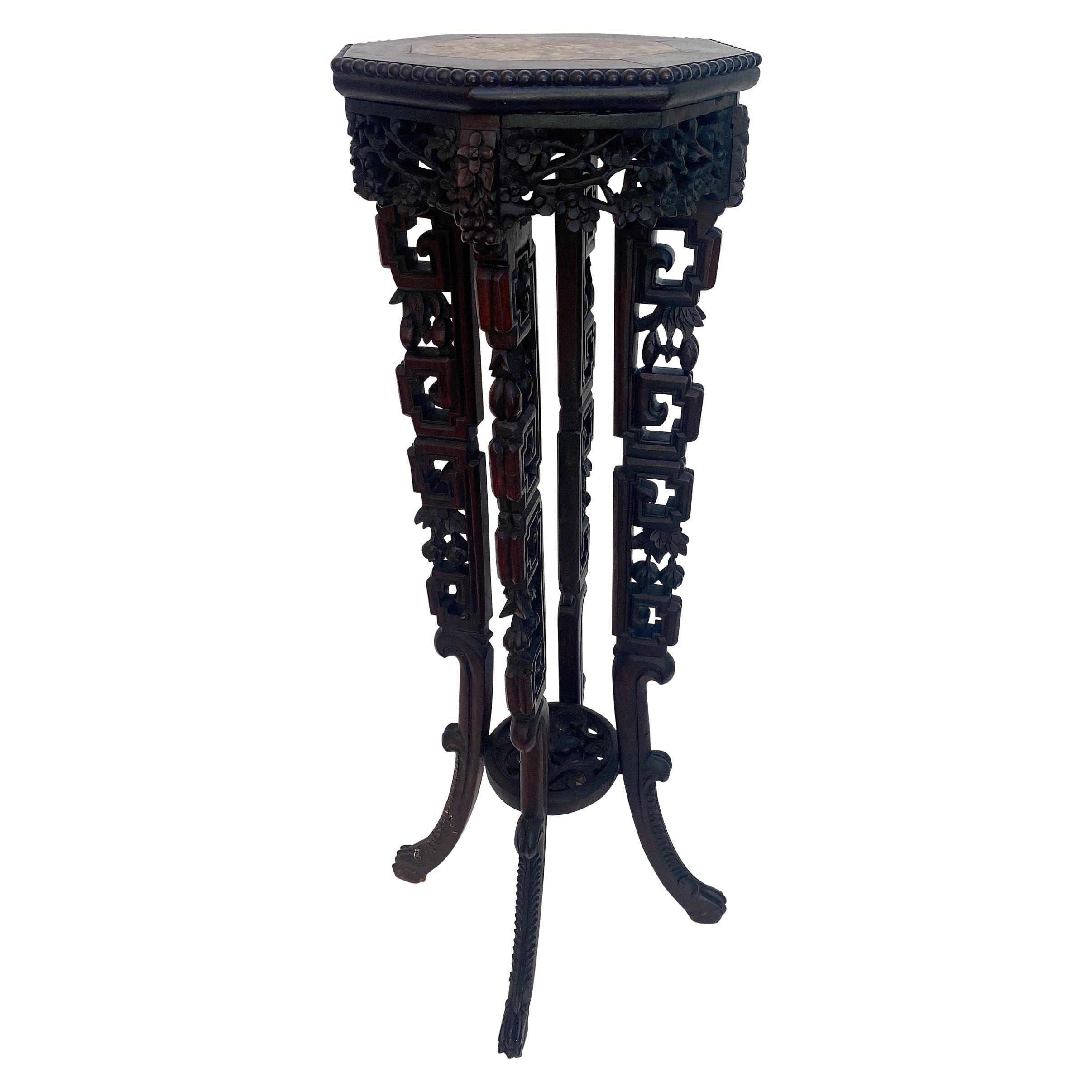 19th Century Tall Chinese Caved Hardwood Flower Stand Marble Top Insert For Sale