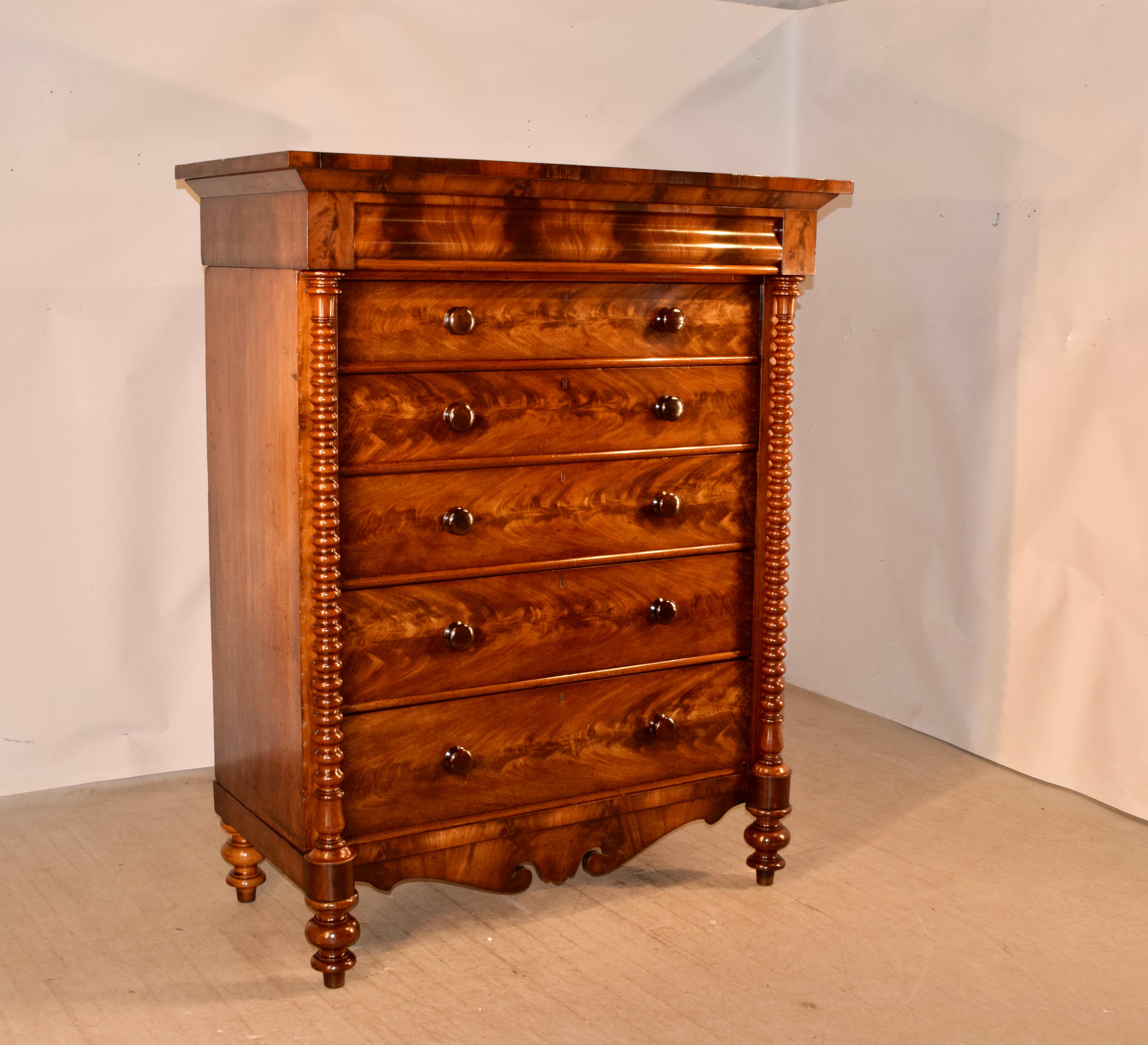 Scottish 19th Century Tall Flame Mahogany Chest For Sale
