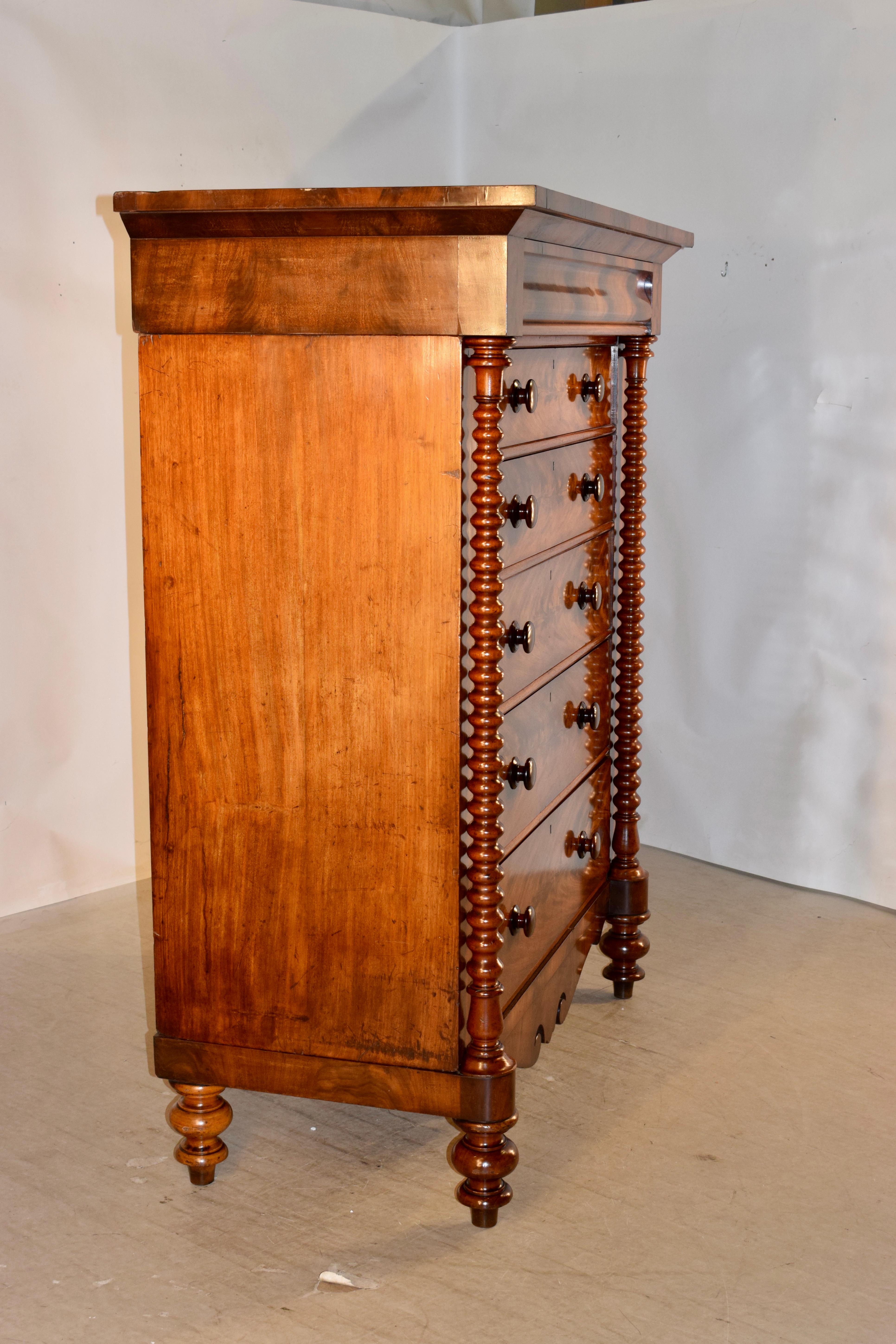 19th Century Tall Flame Mahogany Chest In Good Condition For Sale In High Point, NC