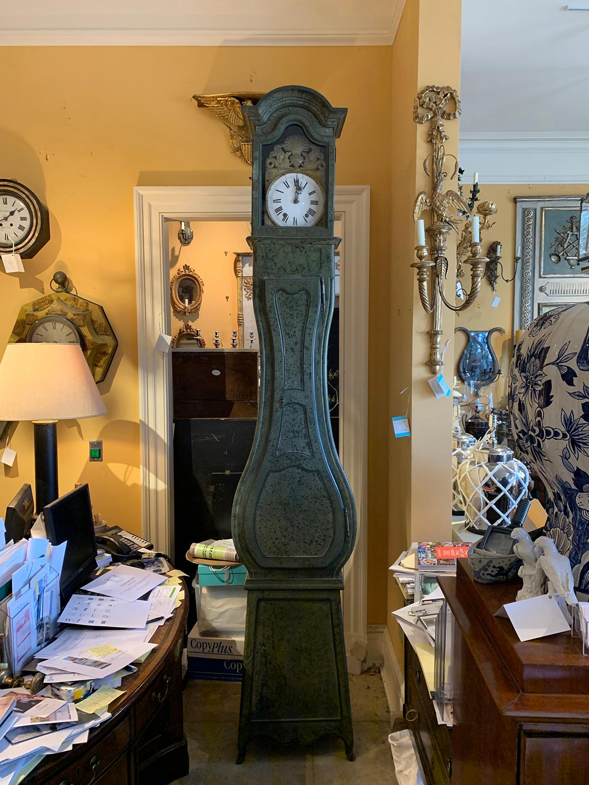 19th century tall French painted longcase clock.