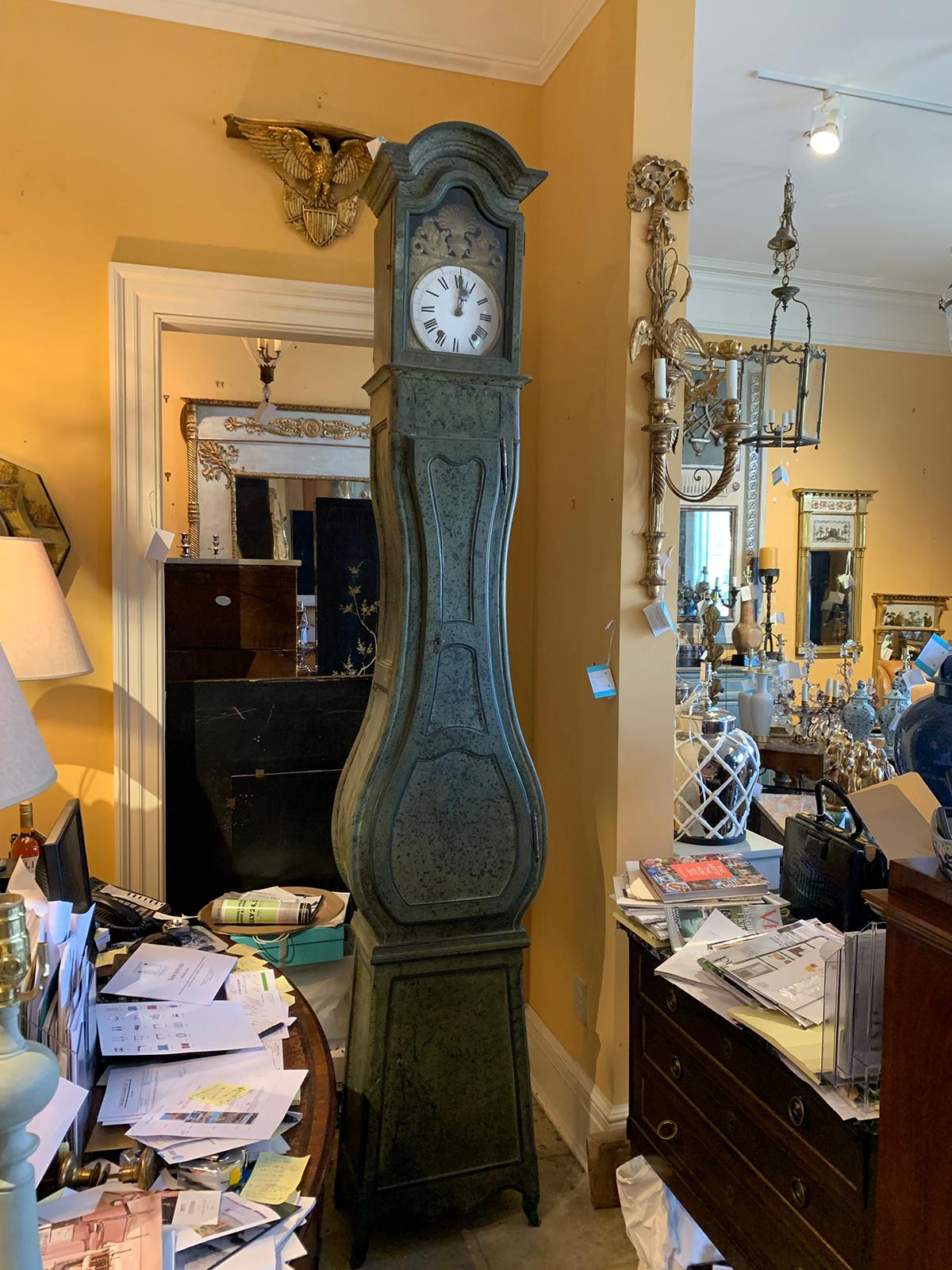 Hand-Painted 19th Century Tall French Painted Longcase Clock For Sale