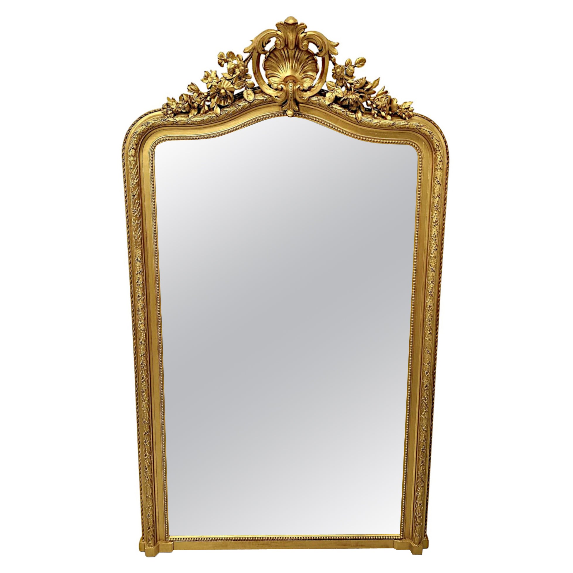 19th Century Tall Giltwood Hall Mirror with Central Shell Cartouche
