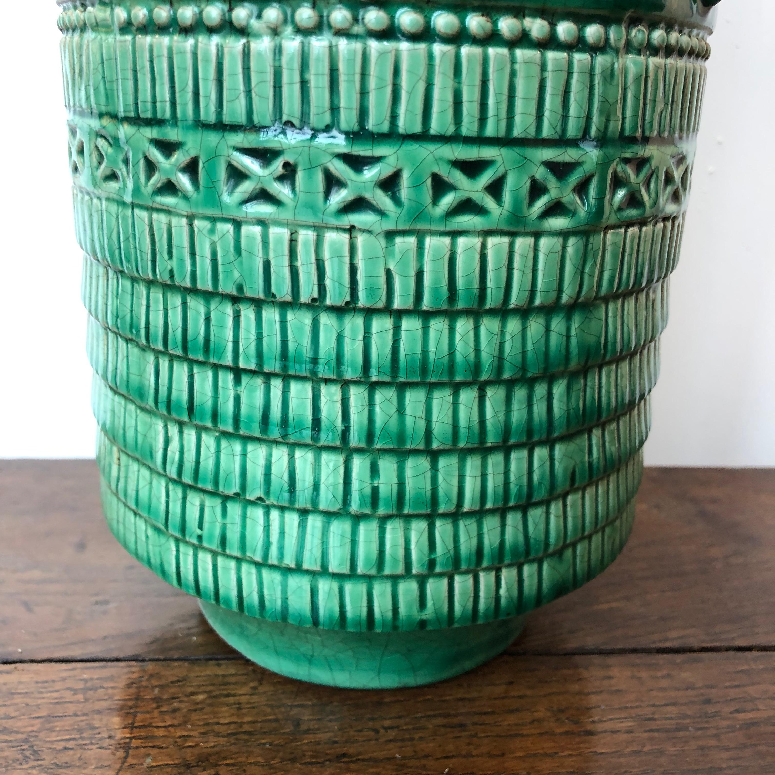 19th century tall kelly green vase with a crackle finish glaze.