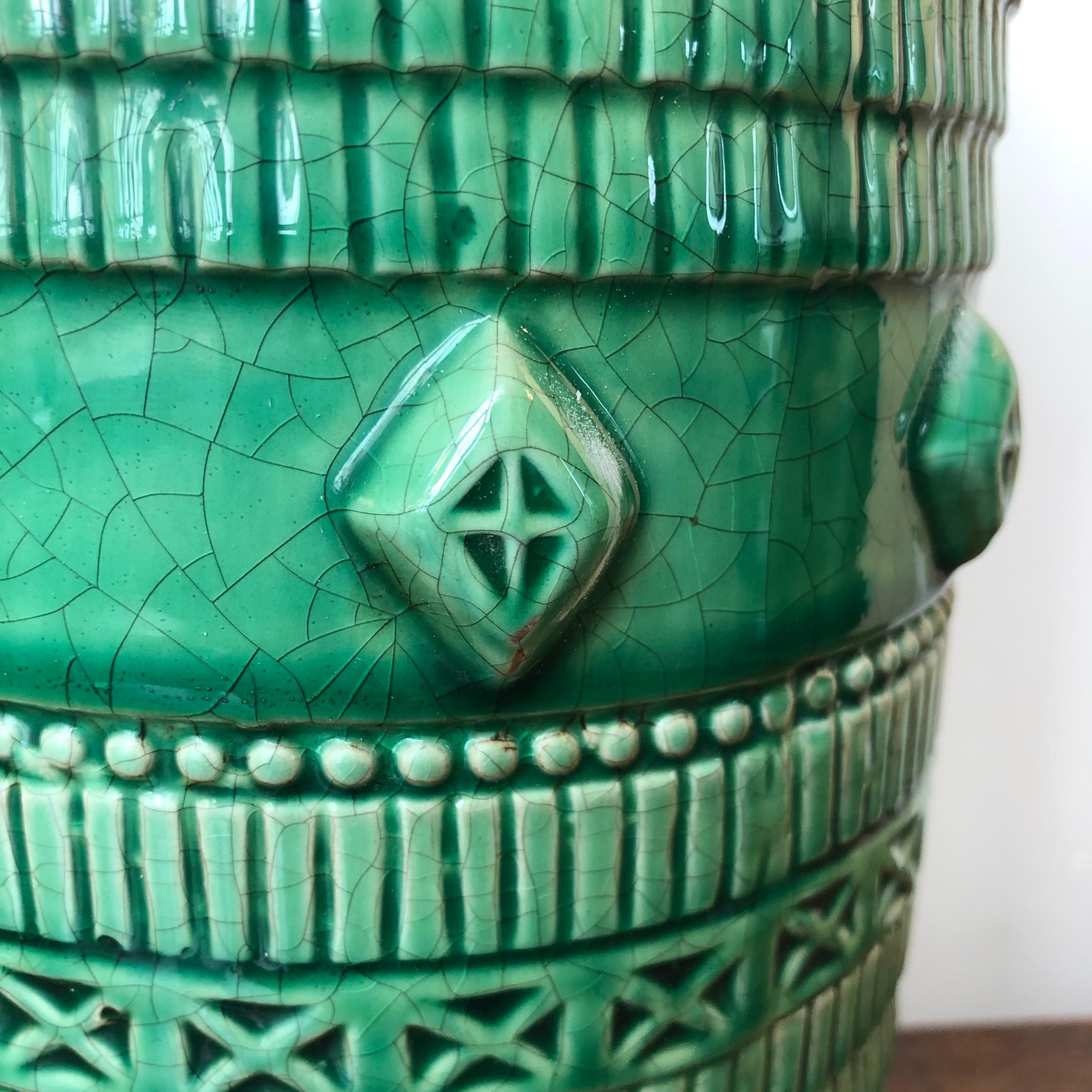 French 19th Century Tall Kelly Green Vase with a Crackle Finish Glaze For Sale