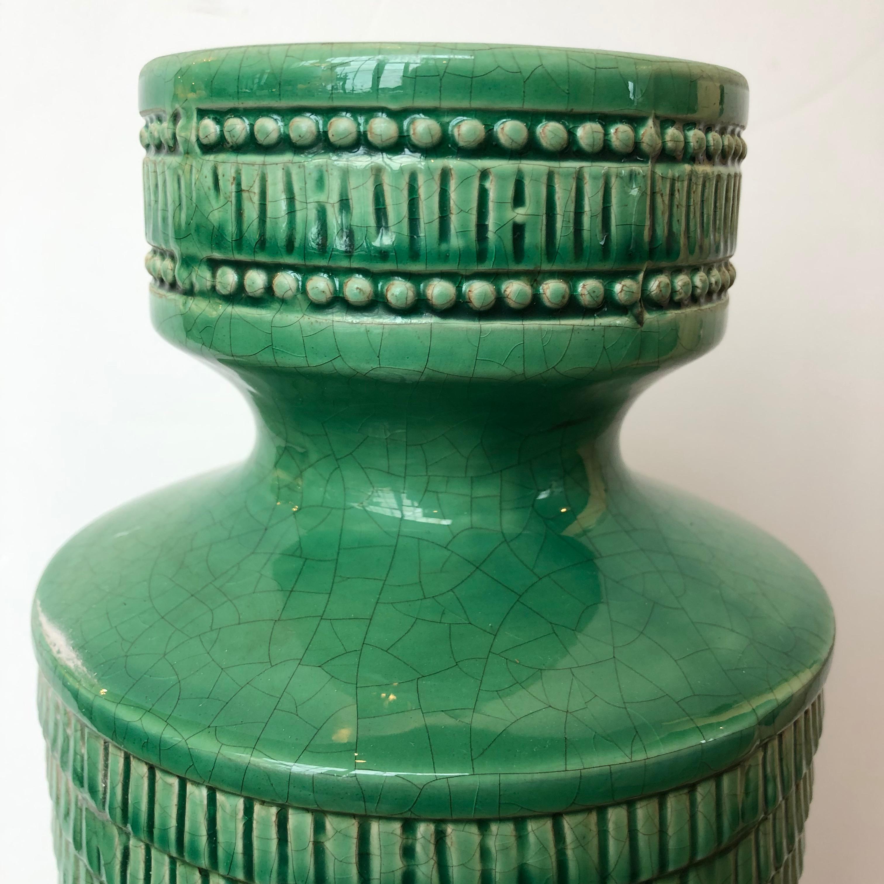 Glazed 19th Century Tall Kelly Green Vase with a Crackle Finish Glaze For Sale