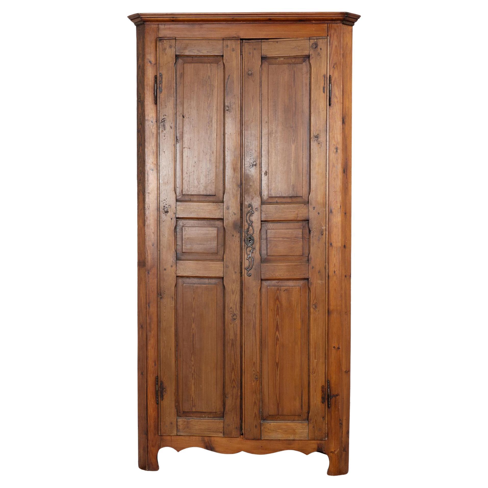 19th Century Tall Narrow French Pine Corner Cabinet For Sale