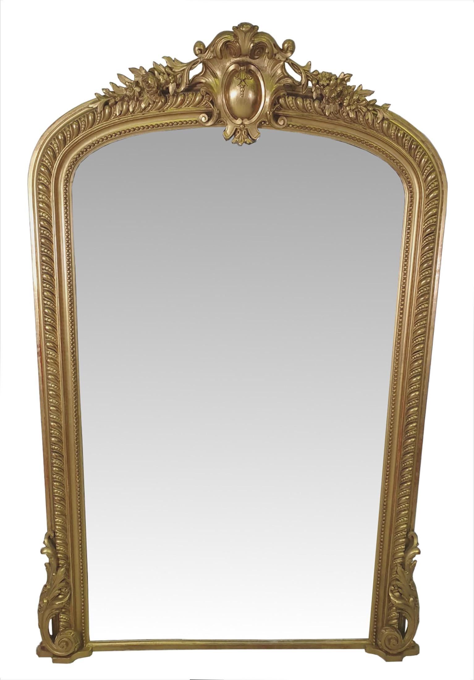 French 19th Century Tall Narrow Giltwood Overmantle Mirror For Sale