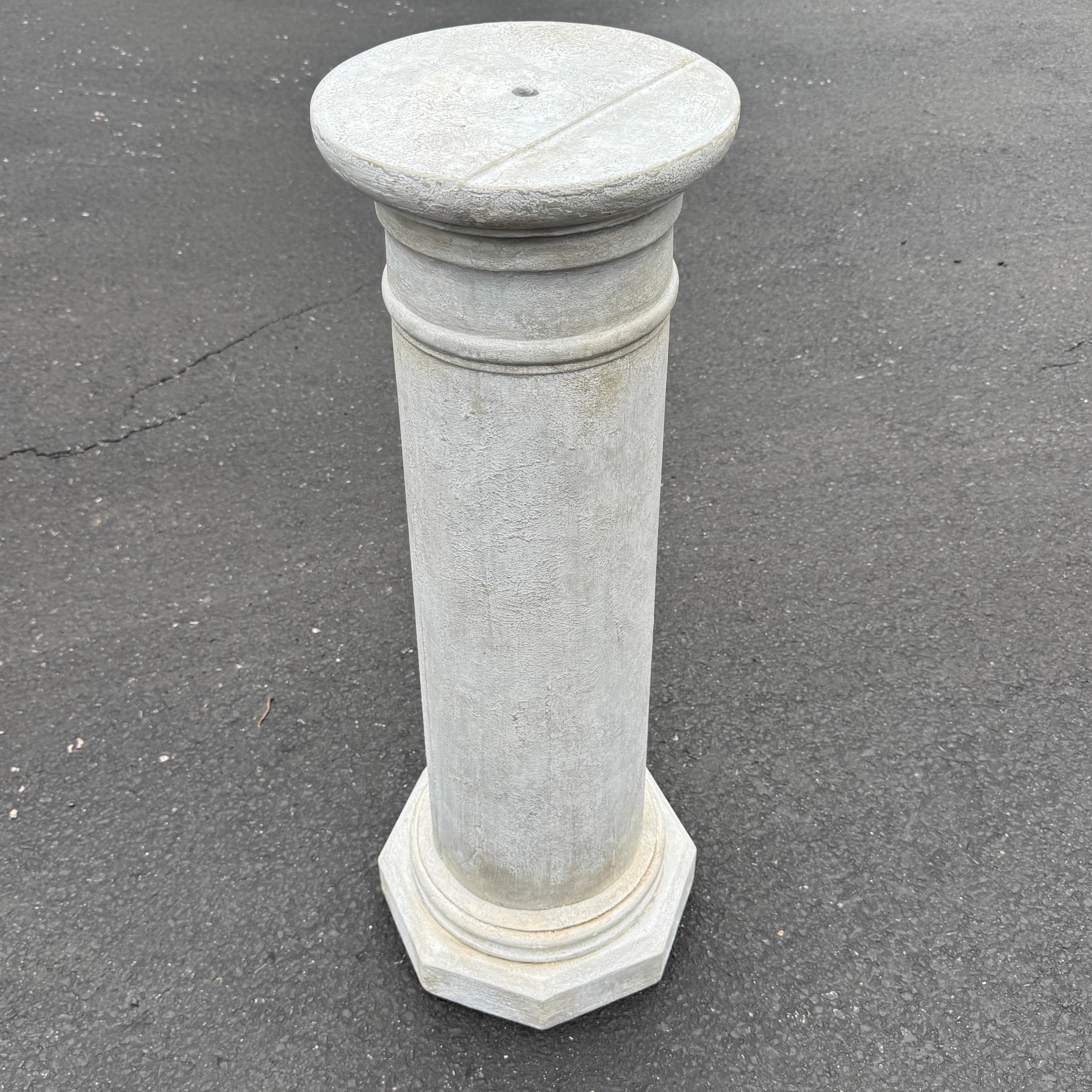Bring a touch of classical architecture into your home with this impressive vintage column pedestal painted in a Gustavian color of grey with white showing through. Certainly a very neutral color that blends in any setting. This classic two part