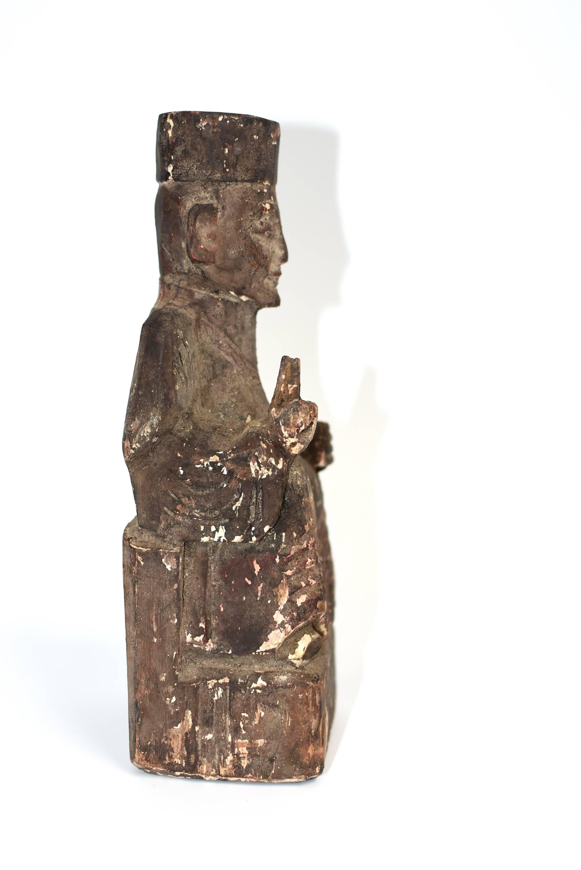 Hand-Carved 19th Century Taoist Master Wood Statue For Sale