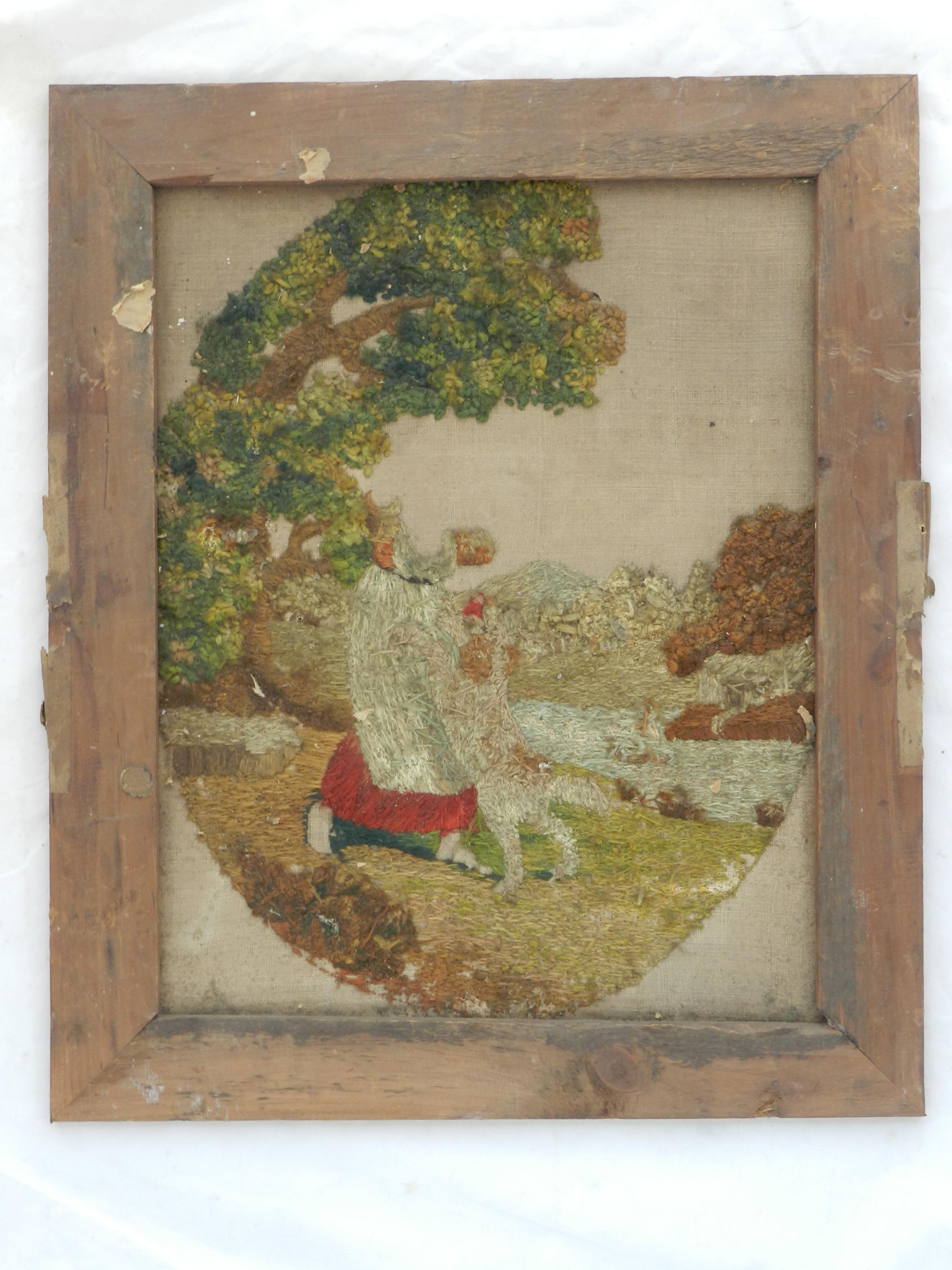 19th Century Tapestry Child with Dog Petit Point Wall Decoration FREE SHIPPING 5
